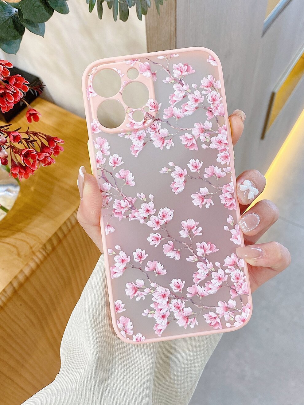 1pc Pink Cherry Blossom Printed Soft-Touch Full Coverage Shockproof Phone Case For Iphone15 14 13 12 11pro Max