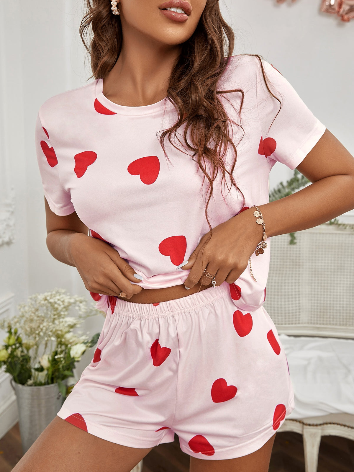 Heart Print Tee & Shorts Pajama Set