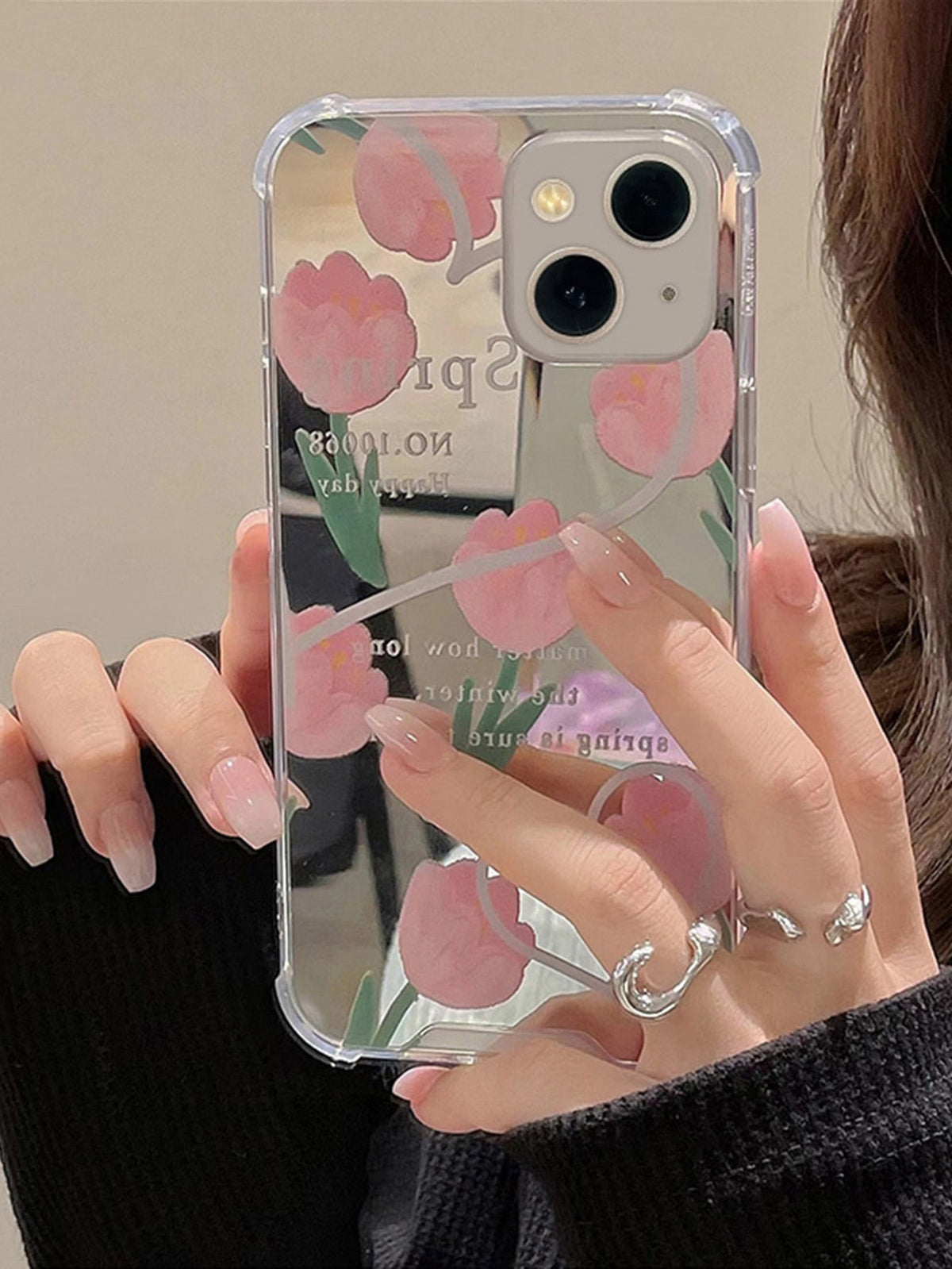 Silver Y2k Summer Tulip Painted Mirror Phone Case Comptible With IPhone 11,IPhone 13,IPhone 14 Pro Max