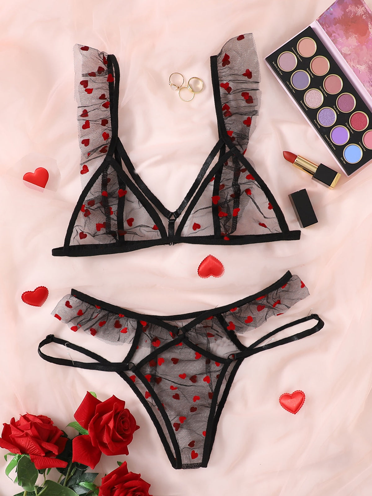 SHEIN PetitDoll Heart Pattern Mesh Lingerie Set