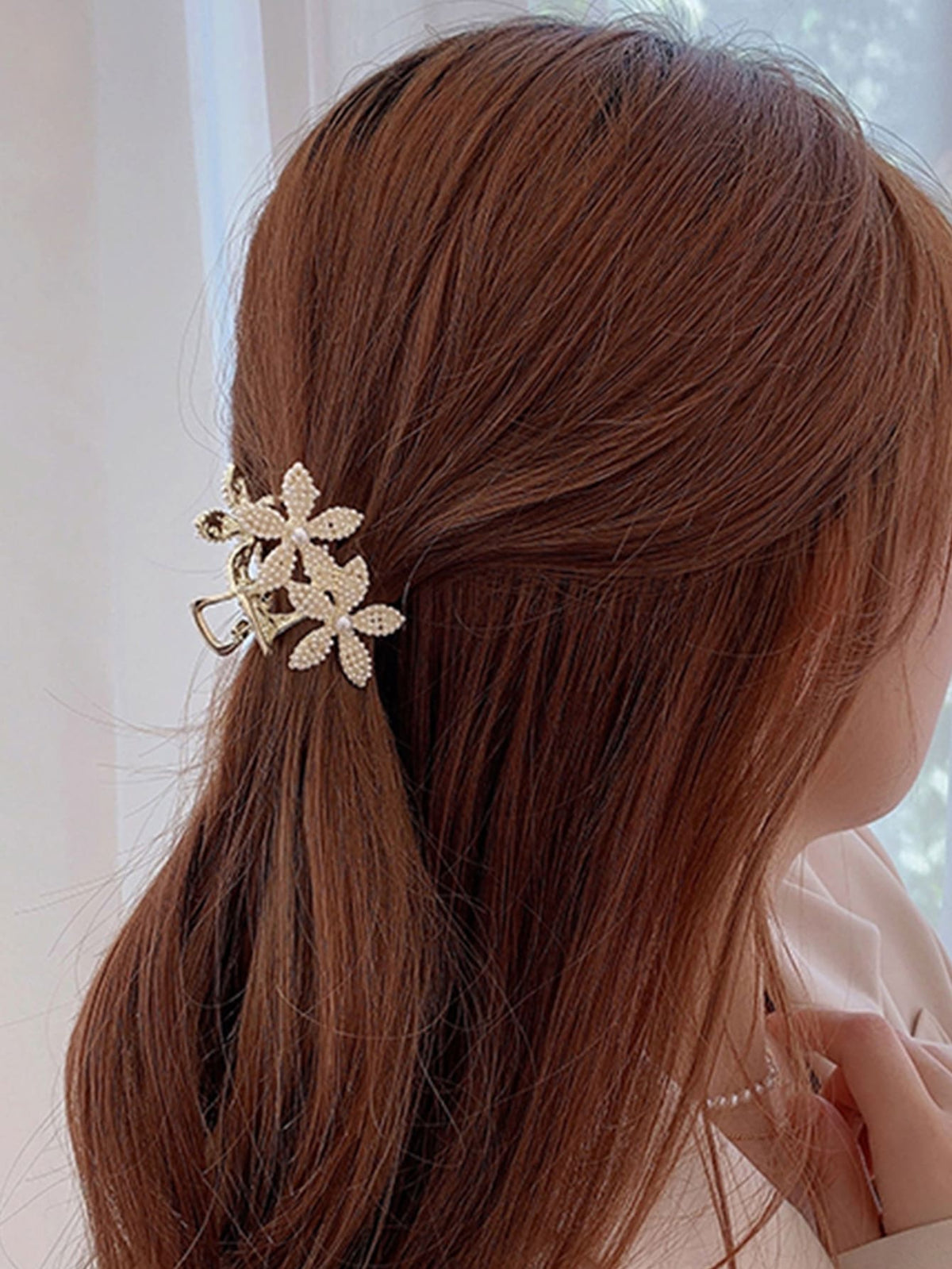 Flower & Faux Pearl Decor Hair Claw Elegant