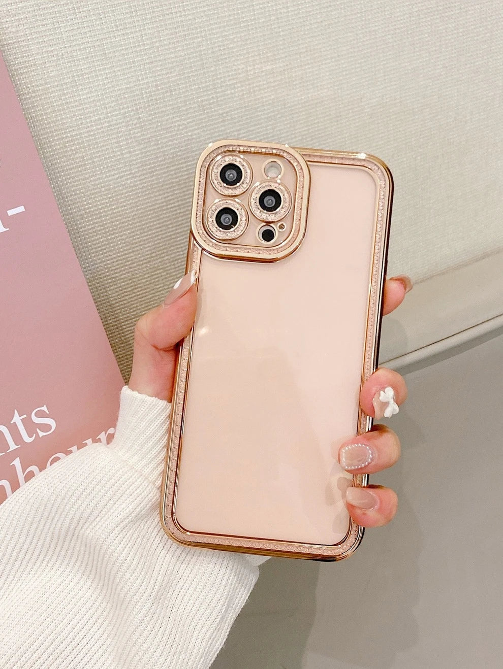 Rhinestone Decor Contrast Frame Clear Phone Case