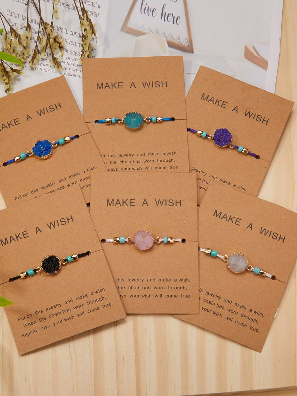 6pcs Natural Stone Beads & Card Weaved Heart Shape Bracelet