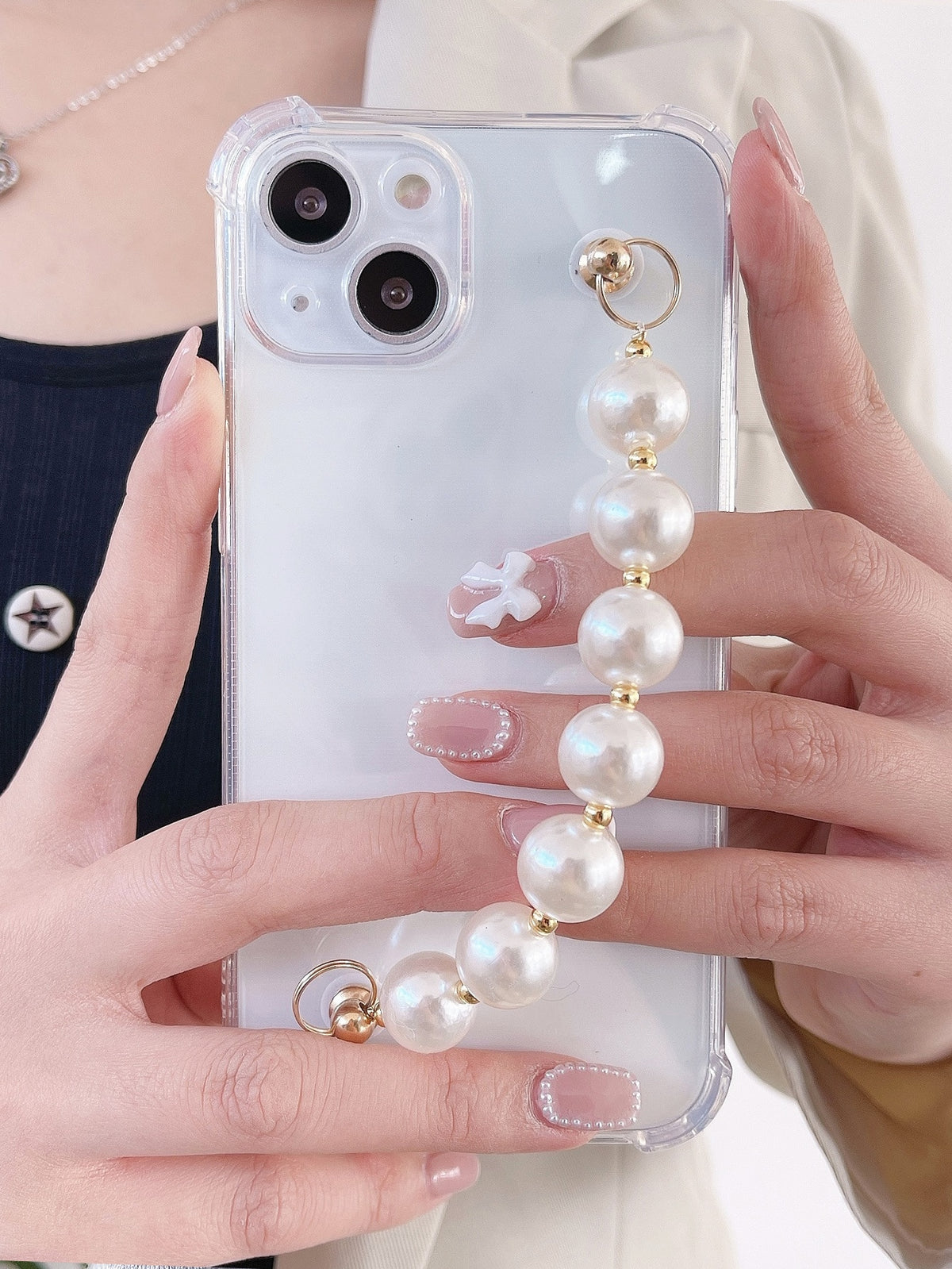 Pearl & Wrist Strap Design Soft Phone Case Compatible With Iphone15/15promax/15pro/15plus/11/12/13/14promax/xs/xr/11pro/11promax/12pro/12promax/13pro/13promax/7plus/14pro/14promax/14plus/7plus/8plus/8