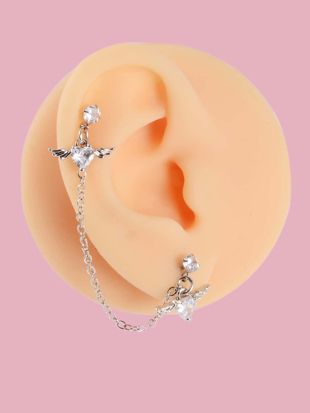 1pc Cubic Zirconia Heart & Wings Decor Earring