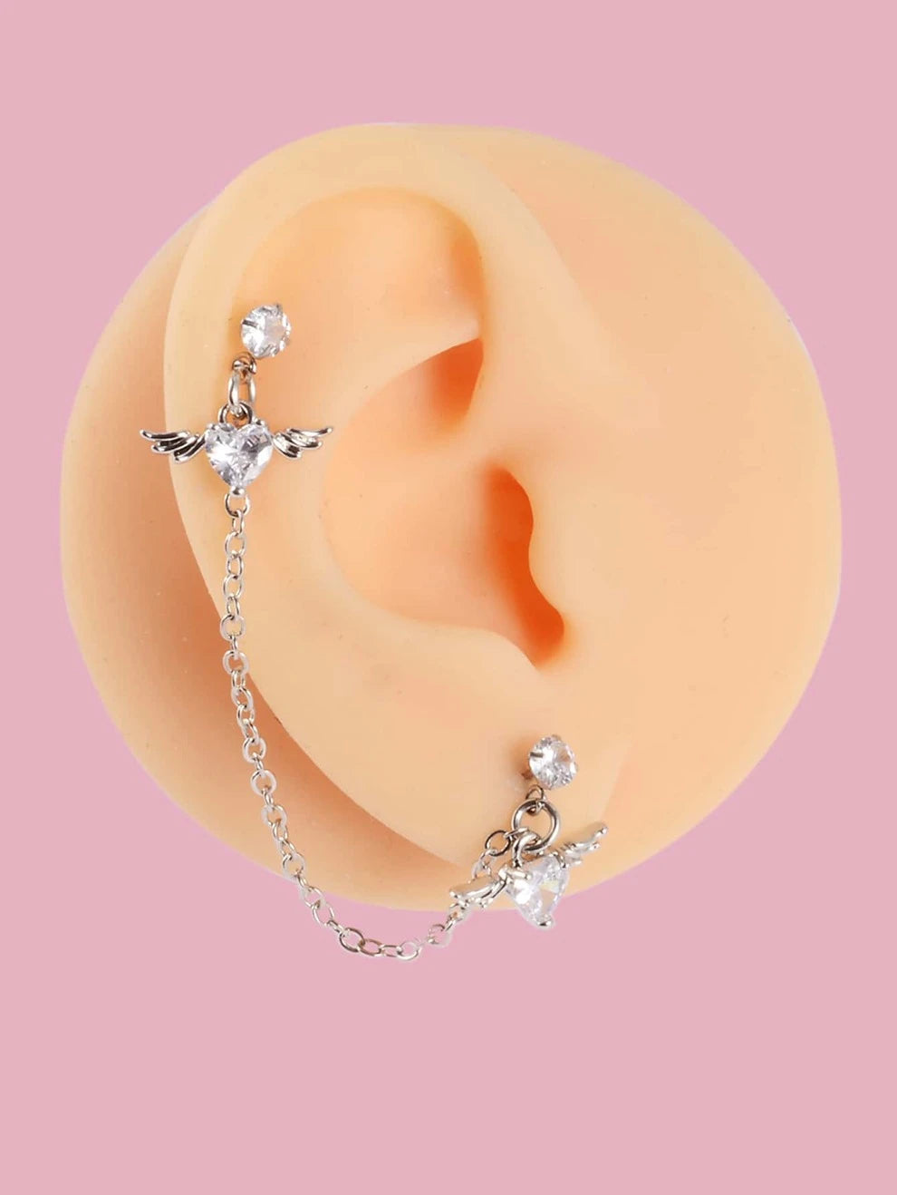 1pc Cubic Zirconia Heart & Wings Decor Earring