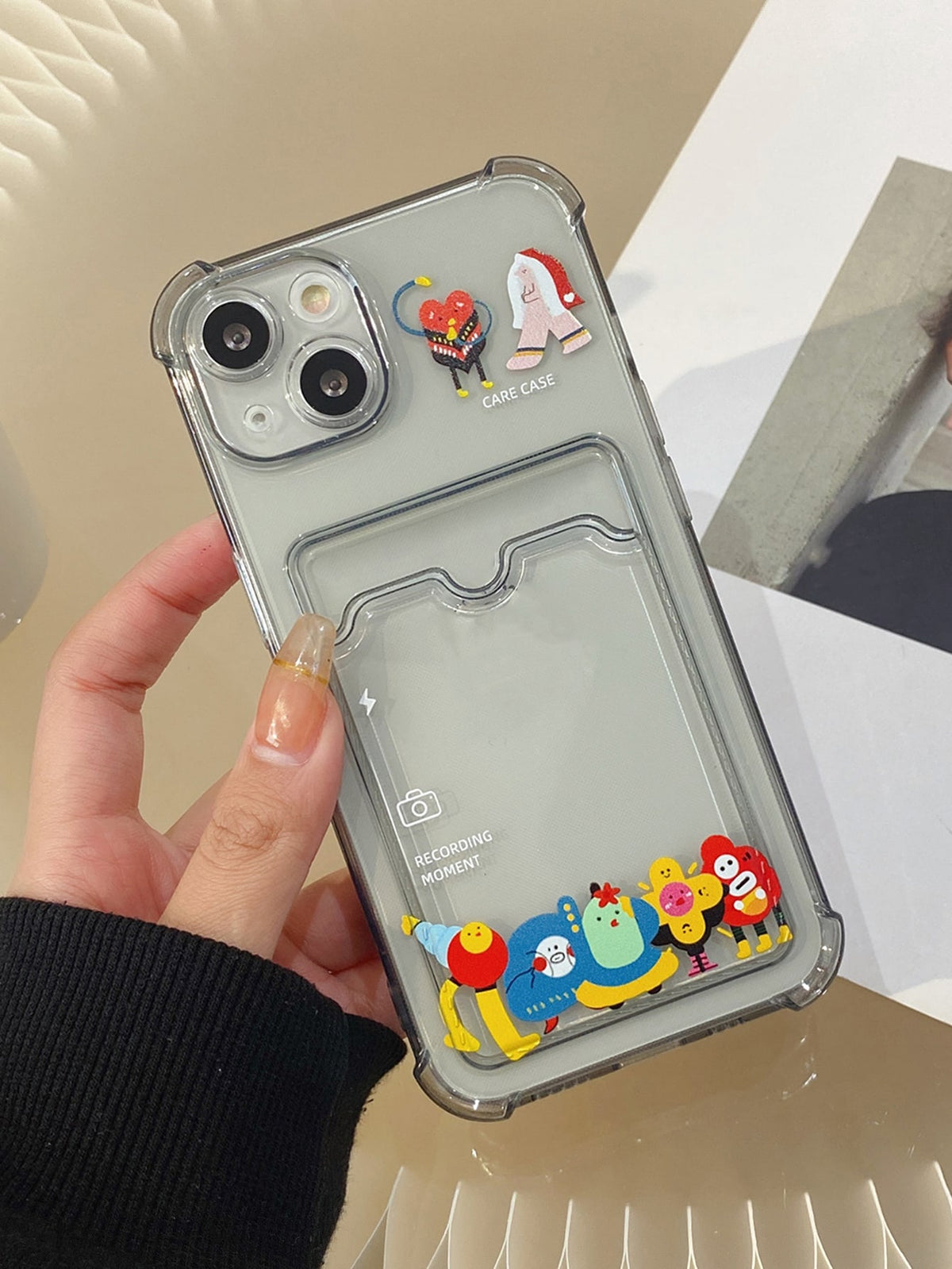 Cartoon Graphic Clear Card Slot Phone Case