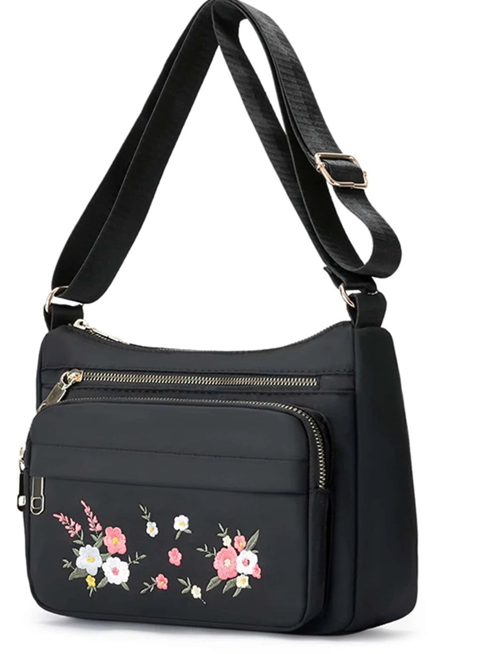 Floral Embroidery Multi-Pocket Square Bag, Shoulder Bag For School