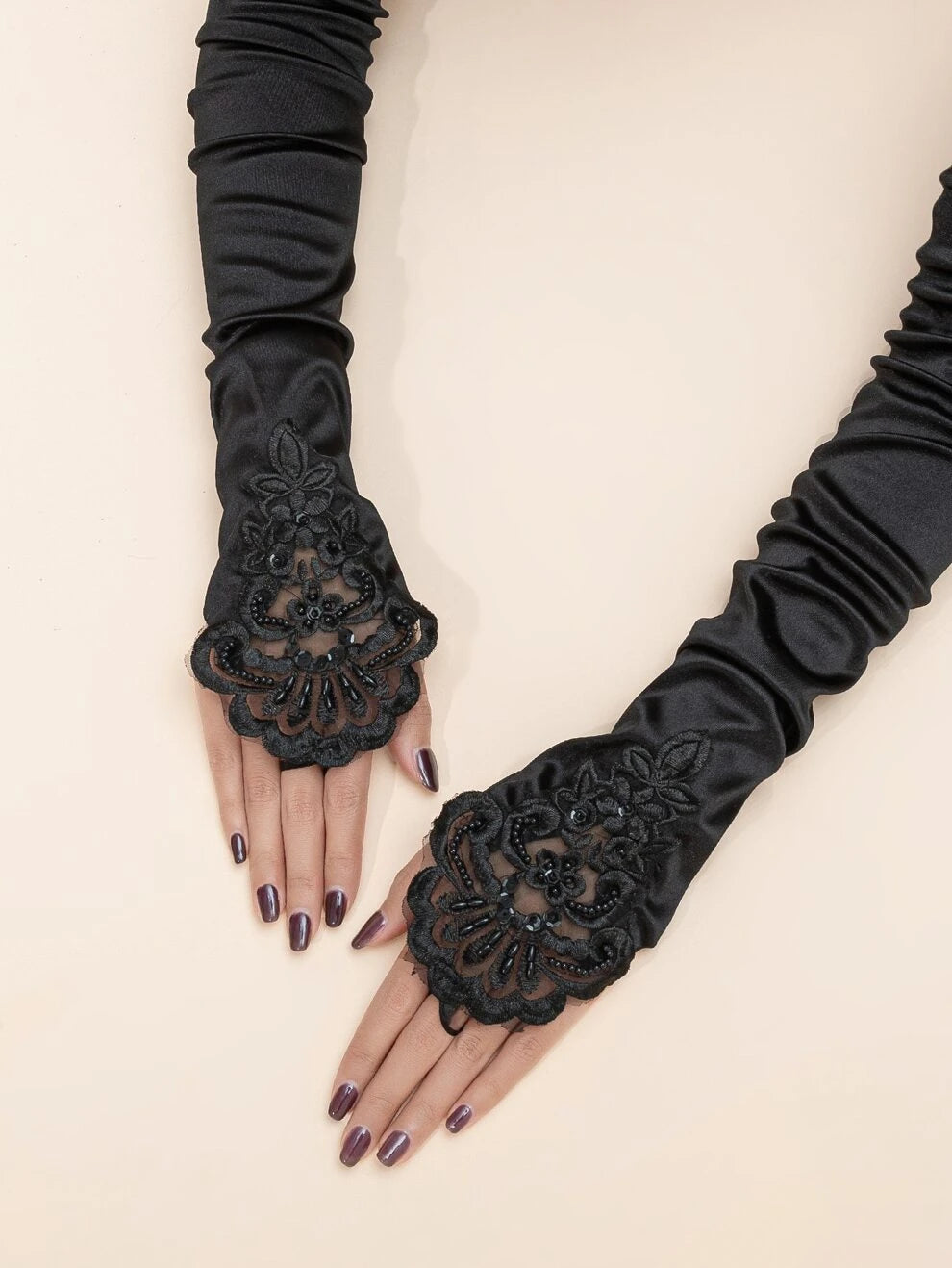 Boho Bead Decor Flower Embroidered Long Fingerless Gloves