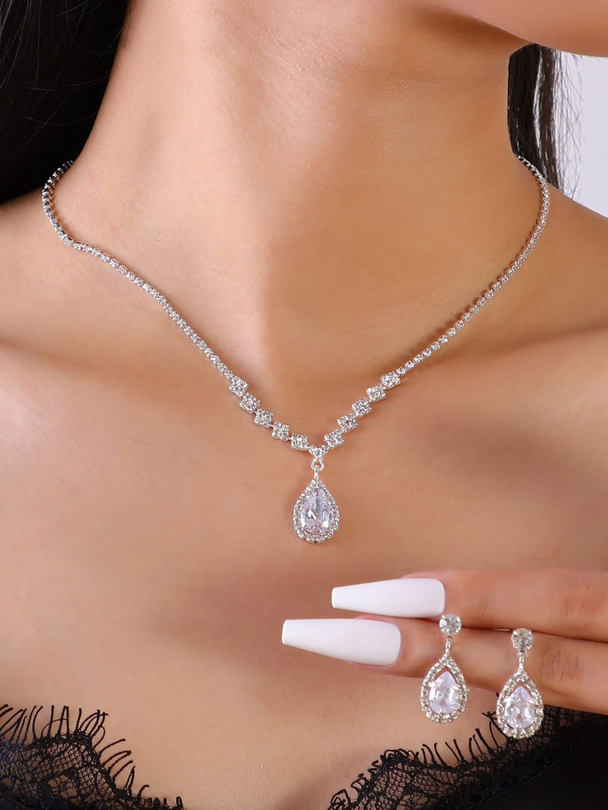 Cubic Zirconia Water Drop Decor Drop Earrings & Necklace For Women For Party Banquet Wedding