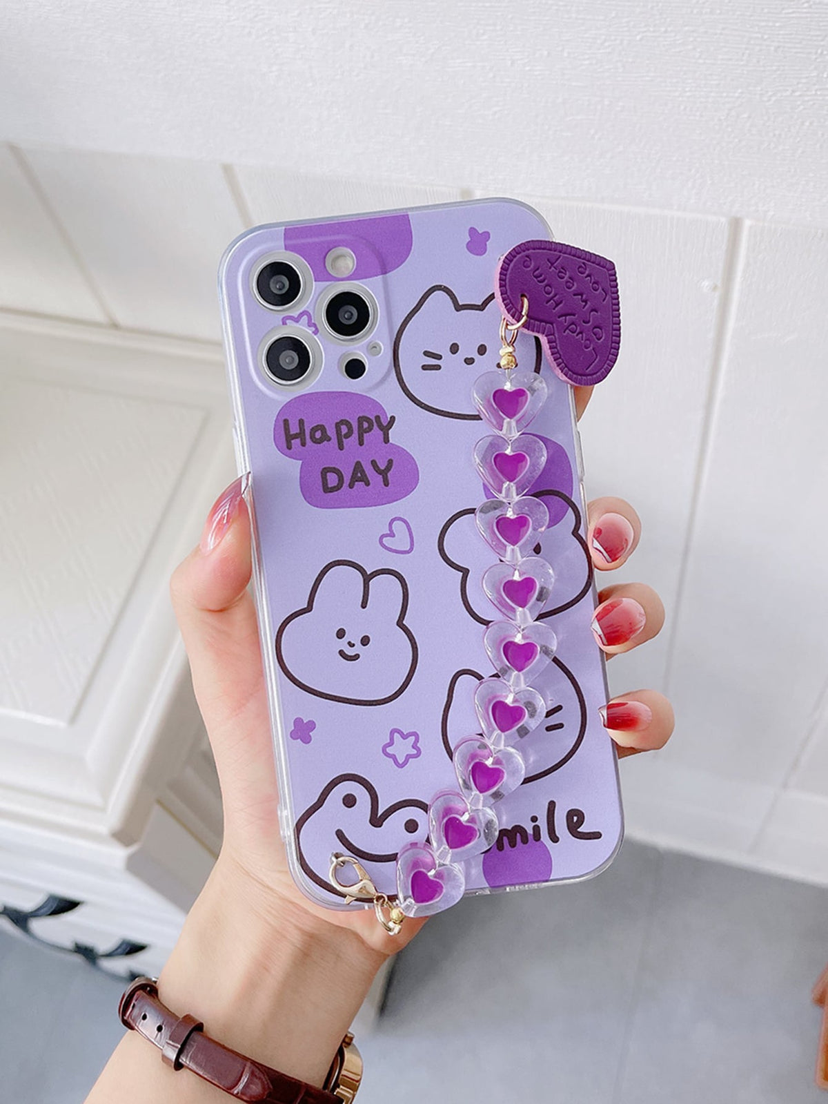 Cartoon Animal Print Phone Case With Heart Decor Handstrap