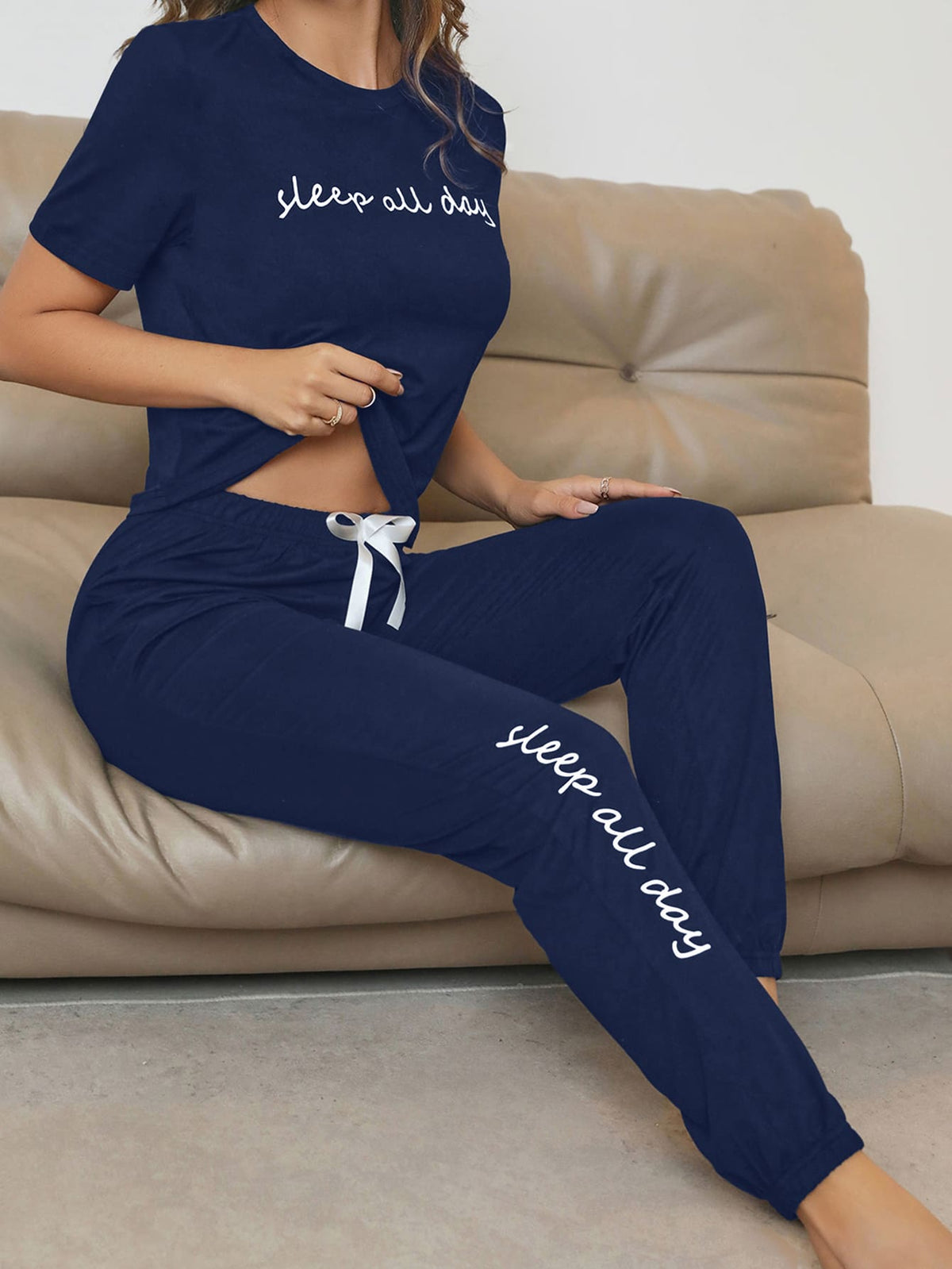 Slogan Graphic Tee & Bow Front Pants Lounge Set