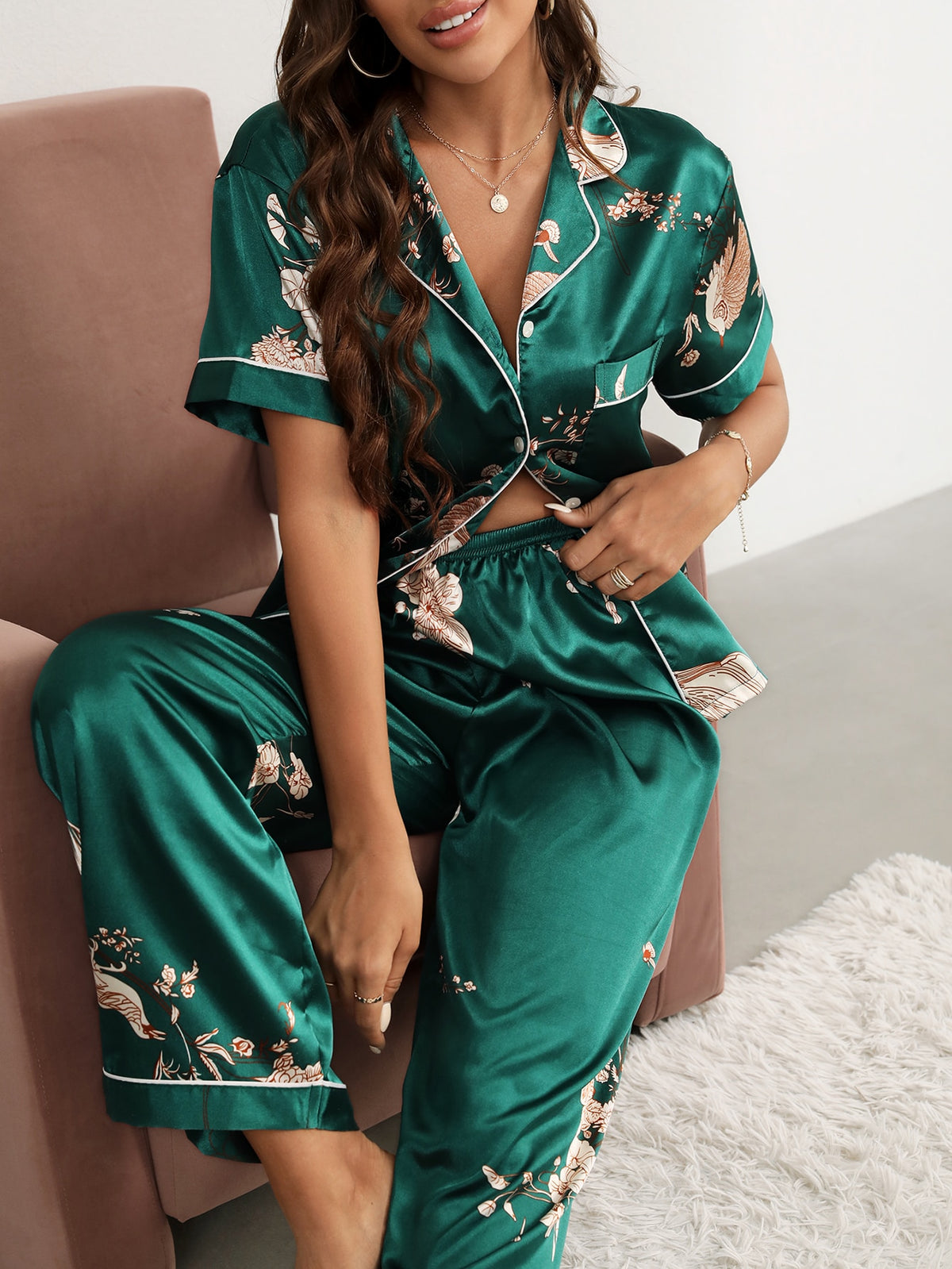 Shein LuxeNights Floral Print Satin Pajama Set