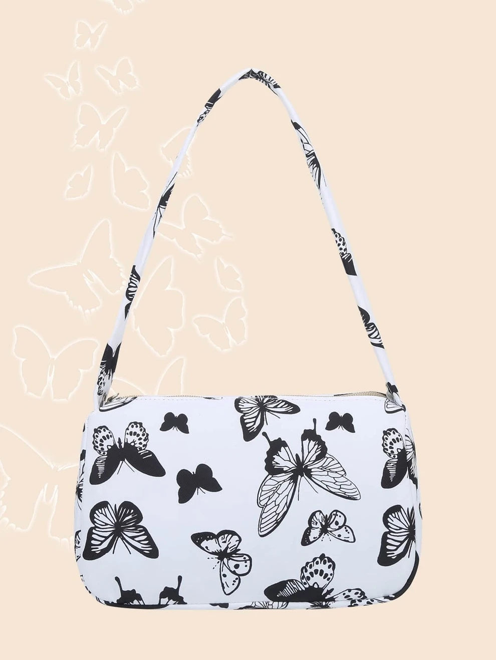 Ladies Tropical Print Folding Bag Nylon Shopping Bag Tote Bag Trendy Zipper Shoulder Bag, Fashion Butterfly Pattern Underarm Bag, Stylish Chain Decor Purse Mini Butterfly Decor Bag