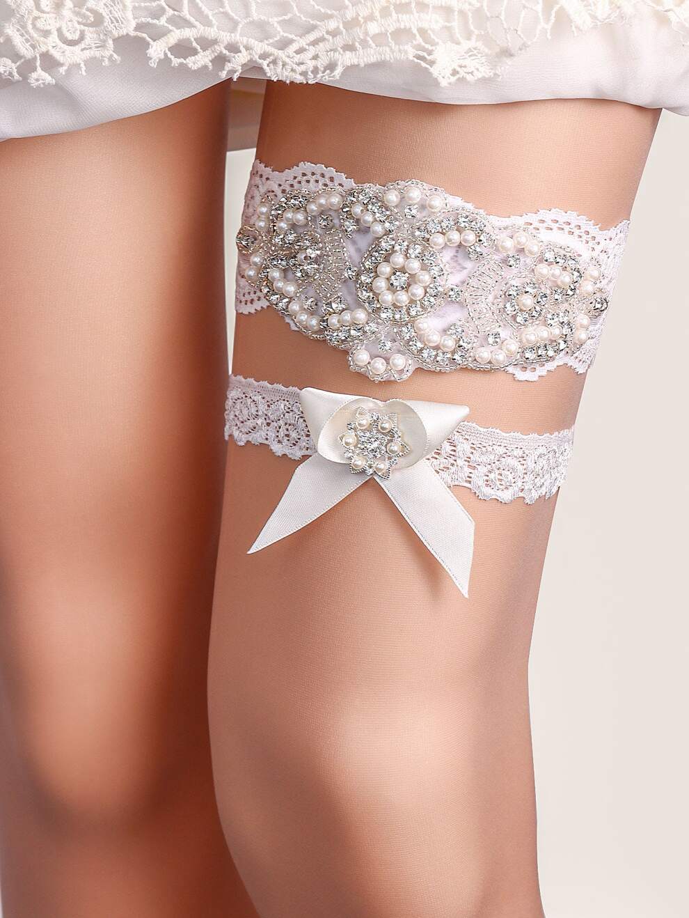 2pcs Rhinestone & Faux Pearl Decor Bridal Thigh Belt Garter