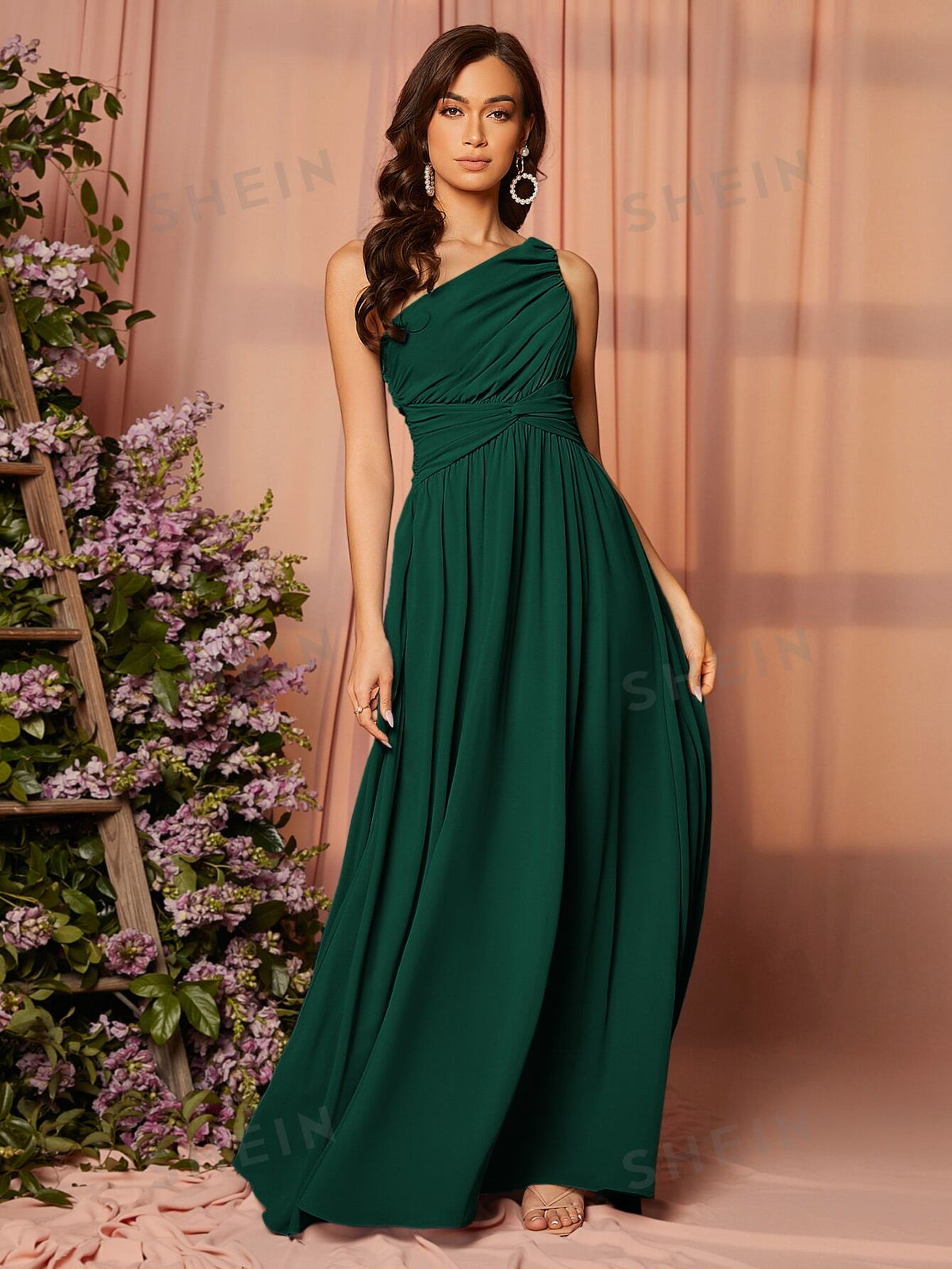 SHEIN Belle One Shoulder Twist Front Ruched Maxi Bridesmaid Dress