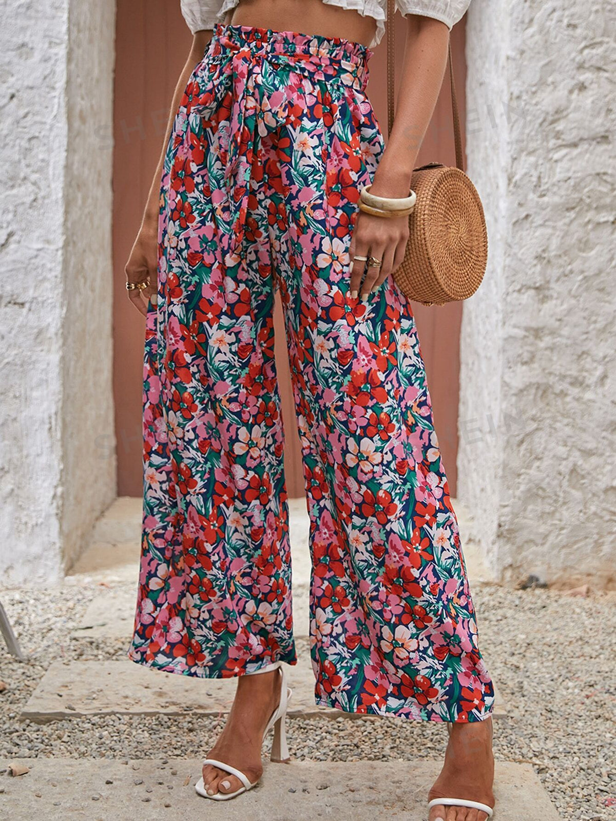 SHEIN Frenchy Floral Print Belted Wide Leg Pants