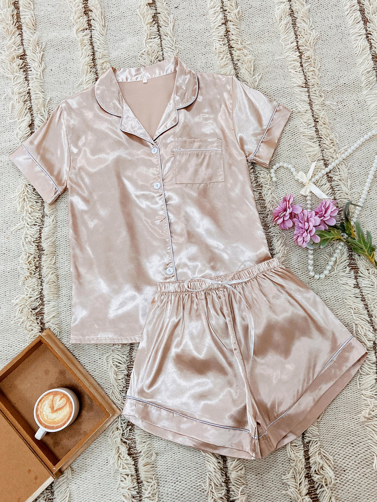 Contrast Binding Button Front Satin PJ Set / Pajama Set