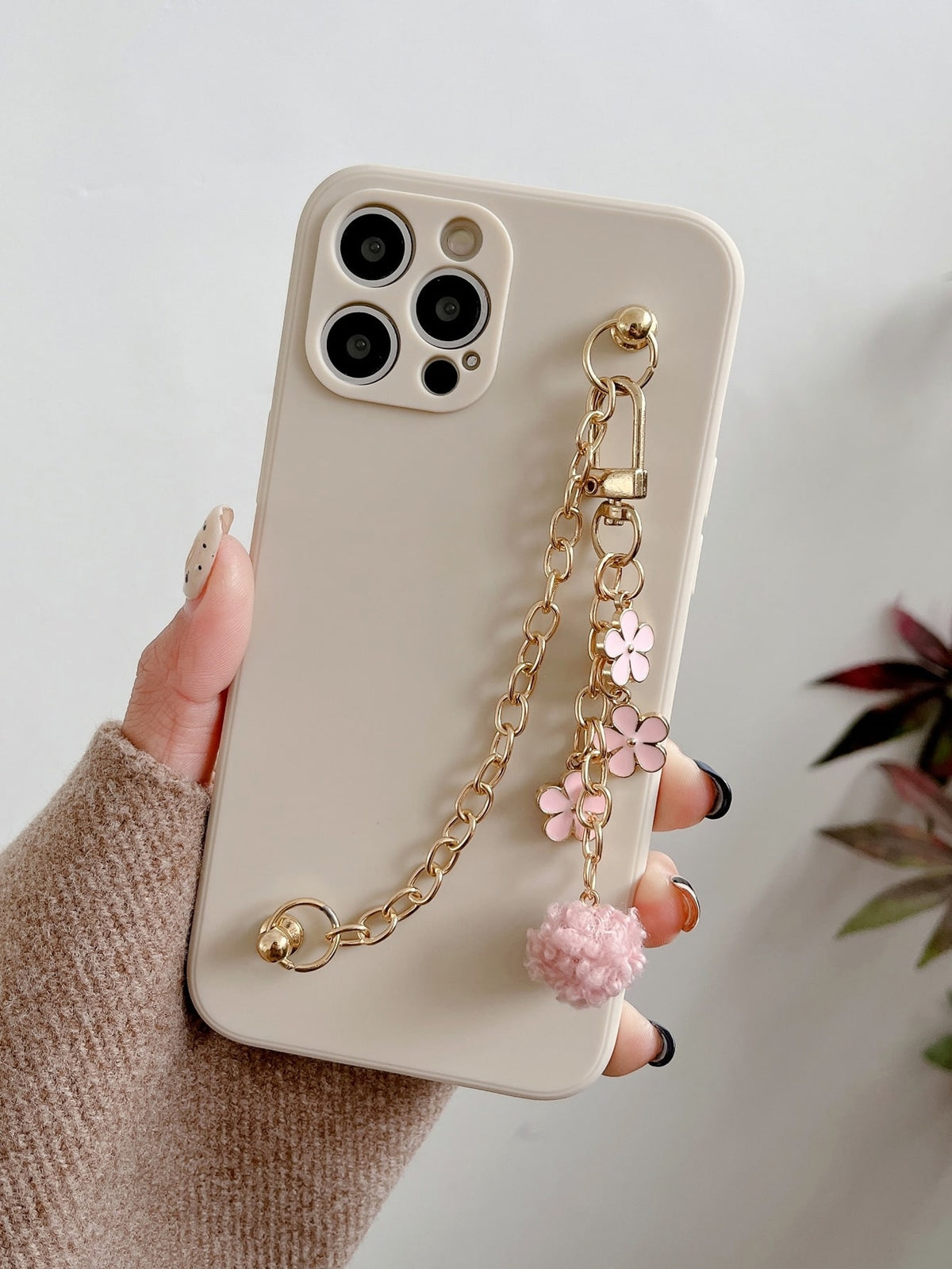 Plain Phone Case With Flower Hand Strap