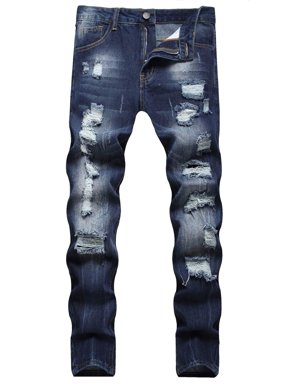 Men Cotton Ripped Frayed Bleach Wash Jeans