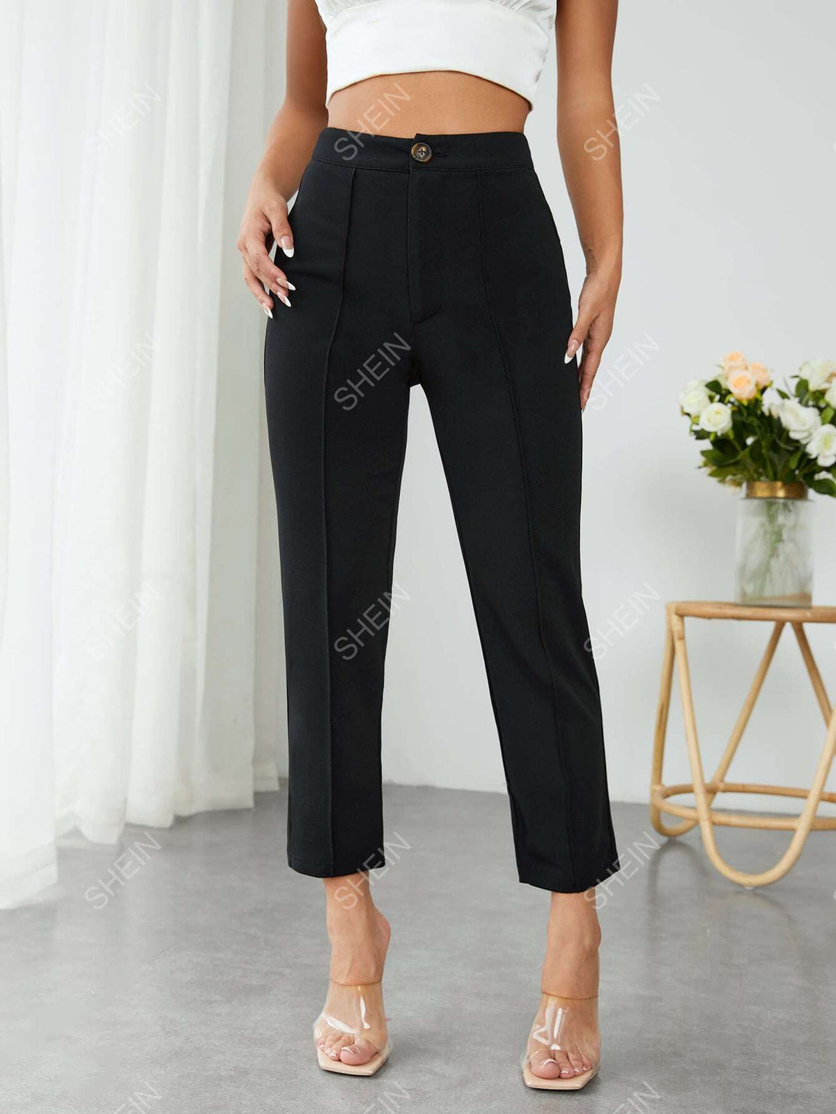 SHEIN PETITE High Waist Press Crease Tapered Black Summer Pants