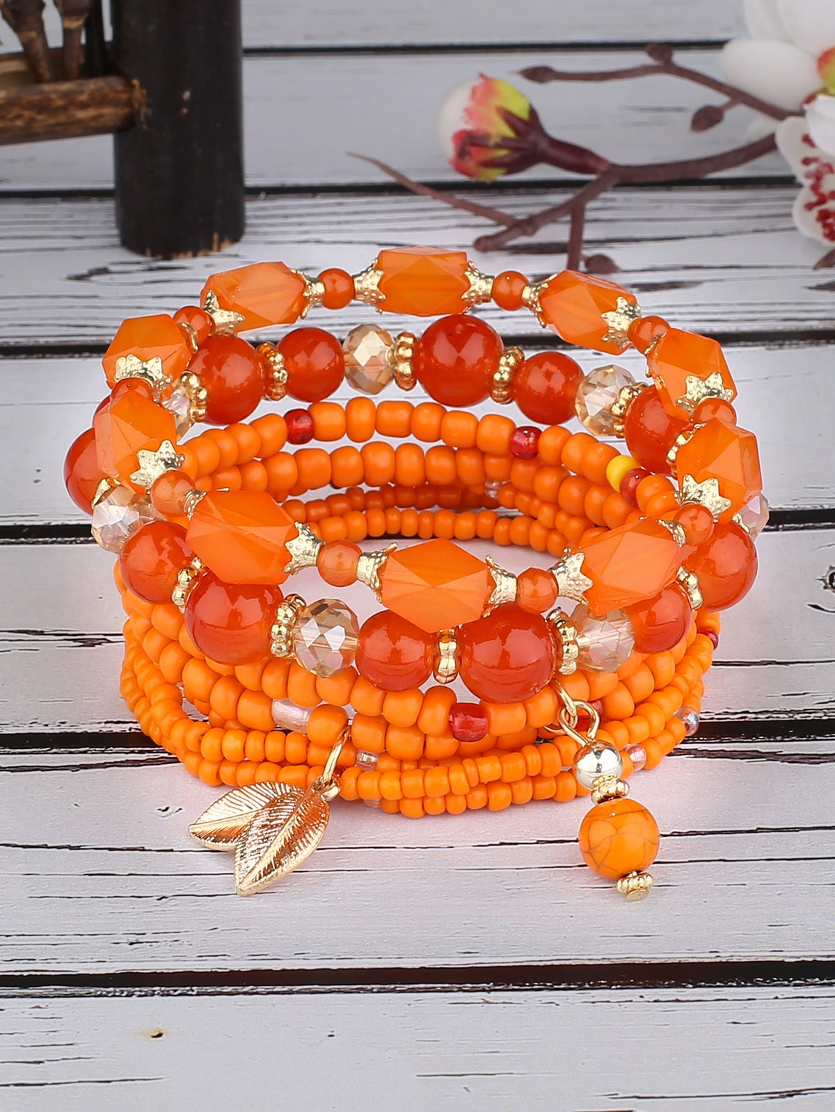 4pcs Leaf Charm Beaded Bracelet