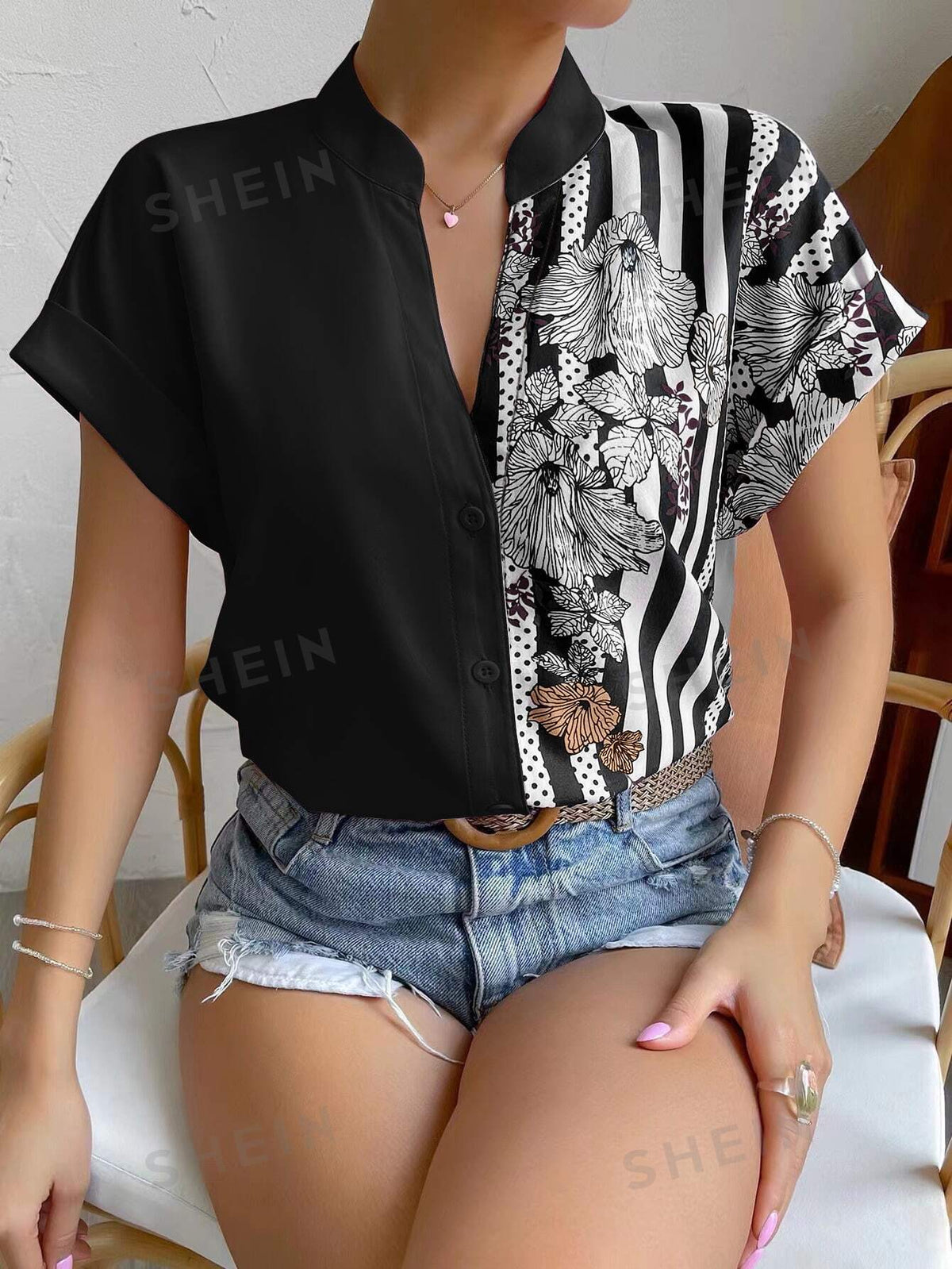 SHEIN Privé Floral And Striped Print Button Up Shirt