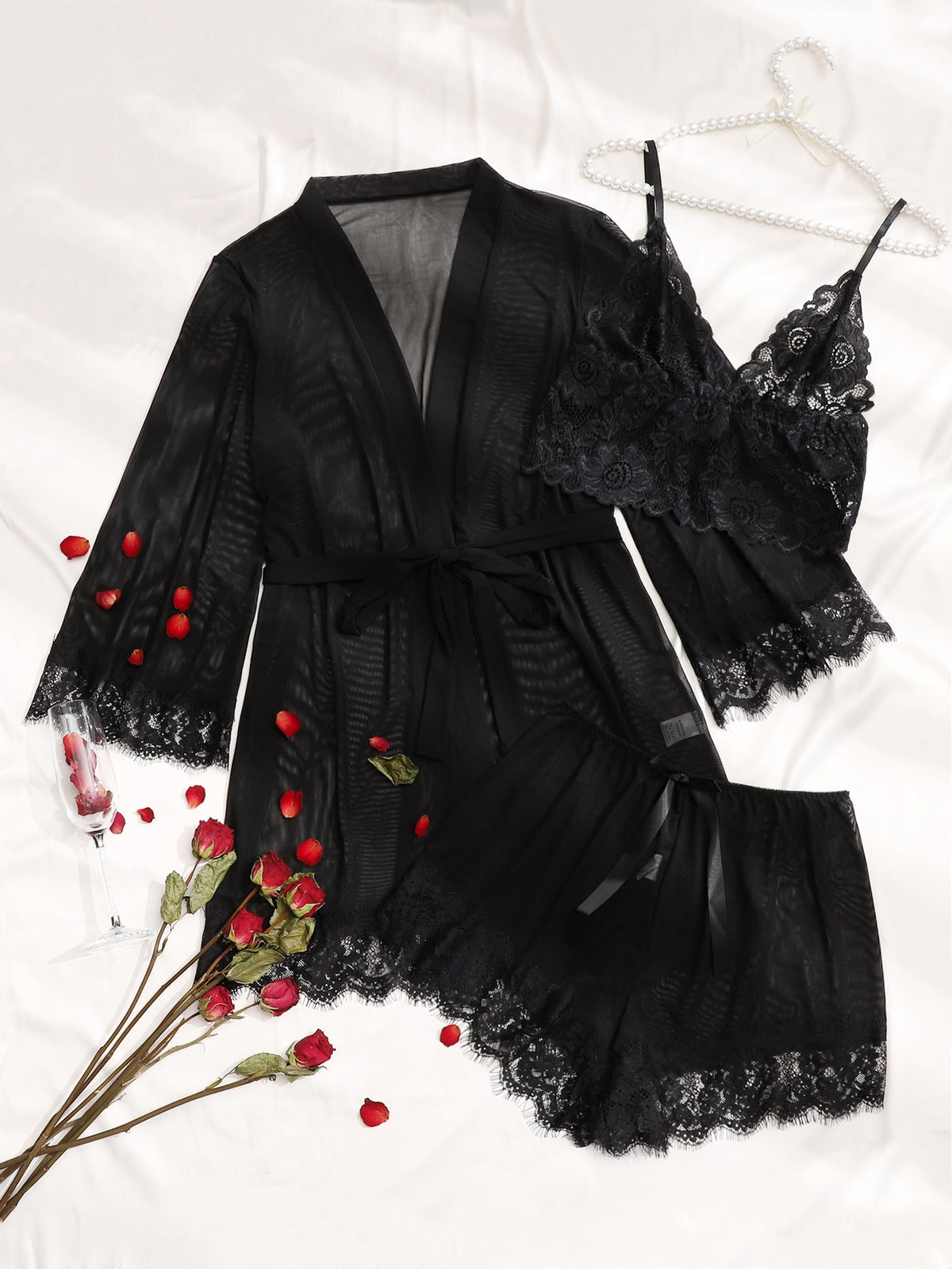 Eyelash Lace Panel Belted Mesh Robe & Cami Top & Shorts PJ Set / Pajama Set