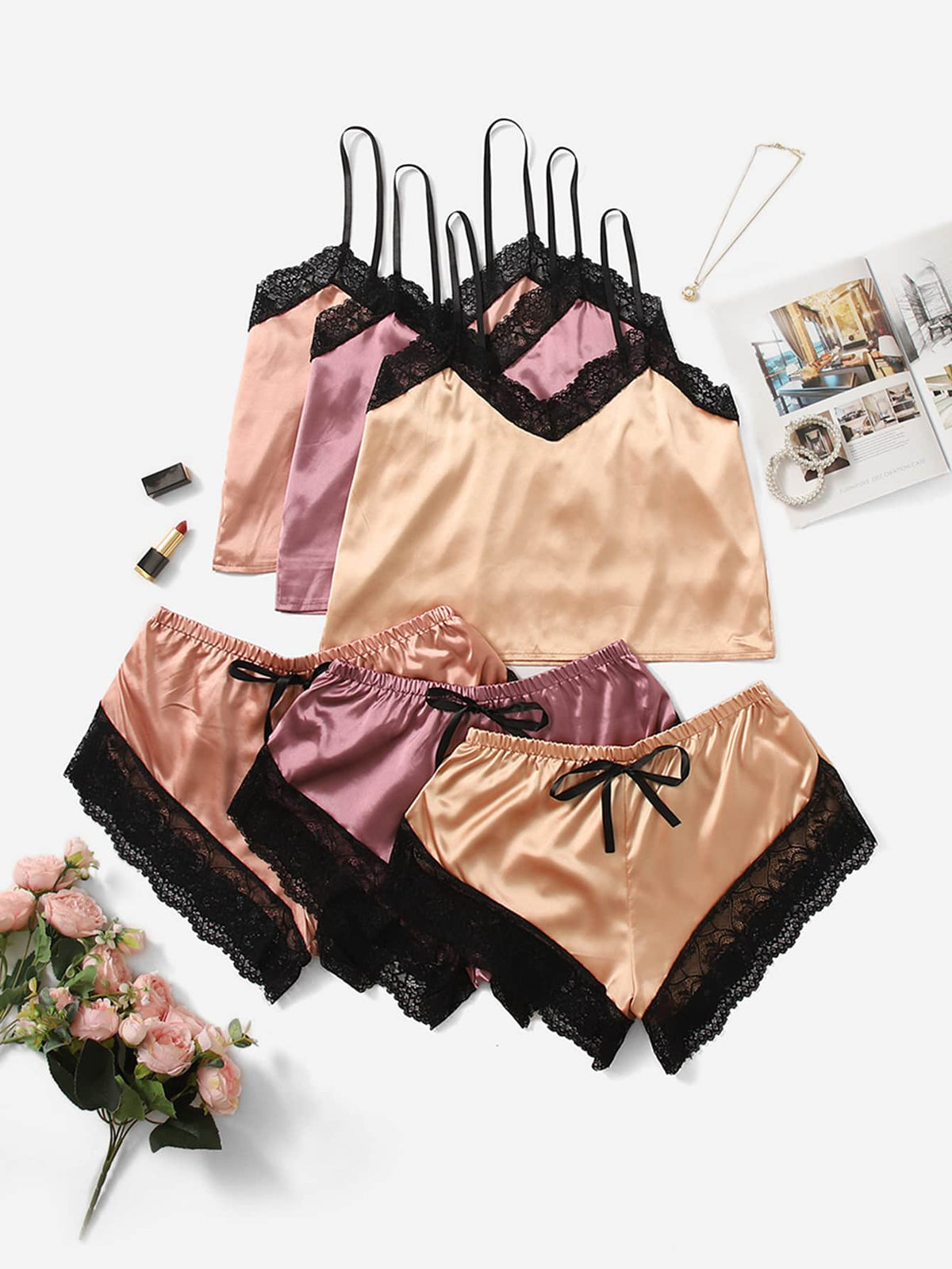 3sets Satin Contrast Lace Bra & Panty Lingerie Set