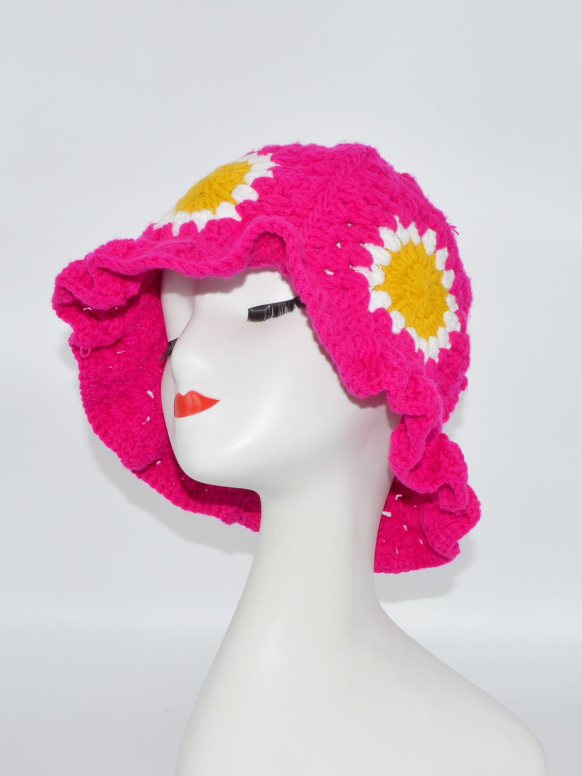 One Handmade Crocheted Sunflower Pattern Decorated Cute And Sweet Style Bucket Hat For Women, Colorful Contrasting Design Ideal For Traveling And Outdoor Activities