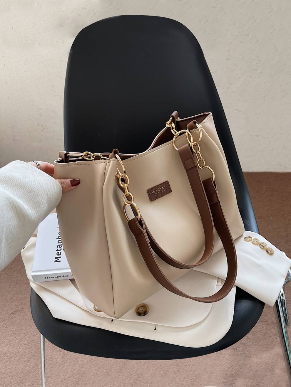 Letter Large Capacity Tote Bag Ring Linked Handbag Women's Shoulder Bag For Letter Detail Shoulder Tote Bag,For Women,Rookies & White-Collar Ers,For Lady,For Female Large Capacity For /Commute//,For F