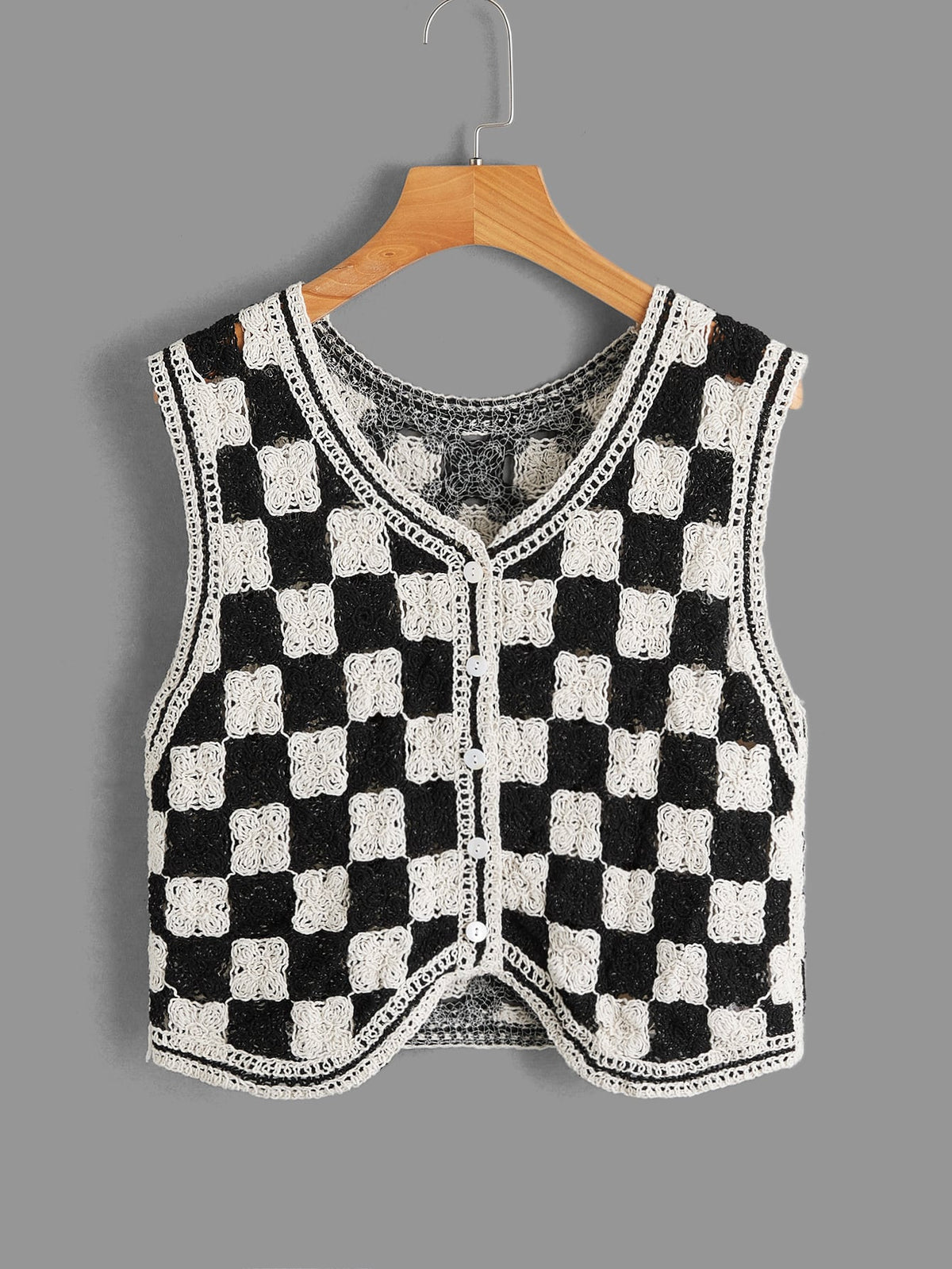 SHEIN EZwear Checkered Pattern Asymmetrical Hem Button Up Sweater Vest