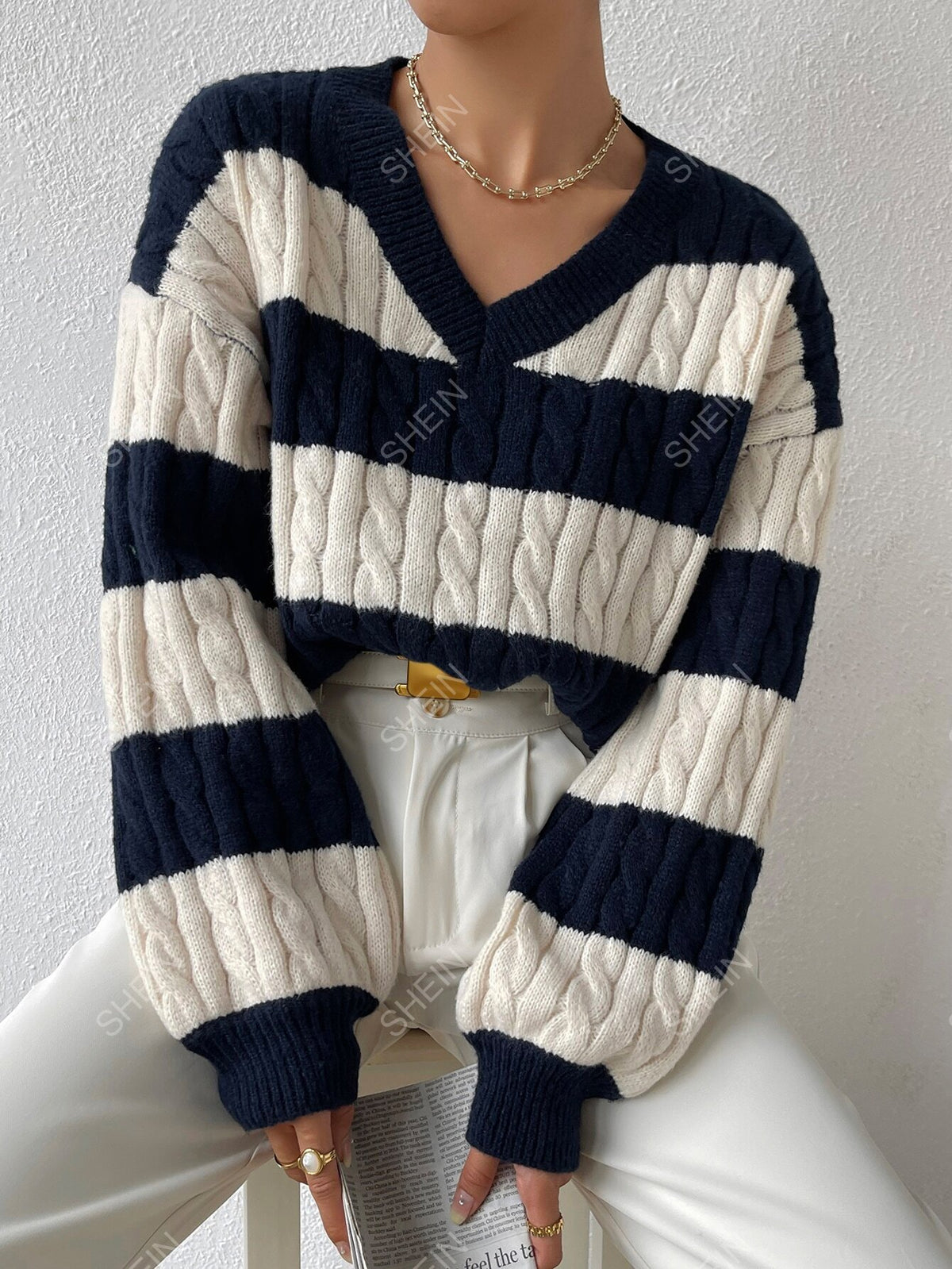 SHEIN Essnce Spring/Autumn Loose Fit Drop Shoulder Striped Sweater With Contrast Color