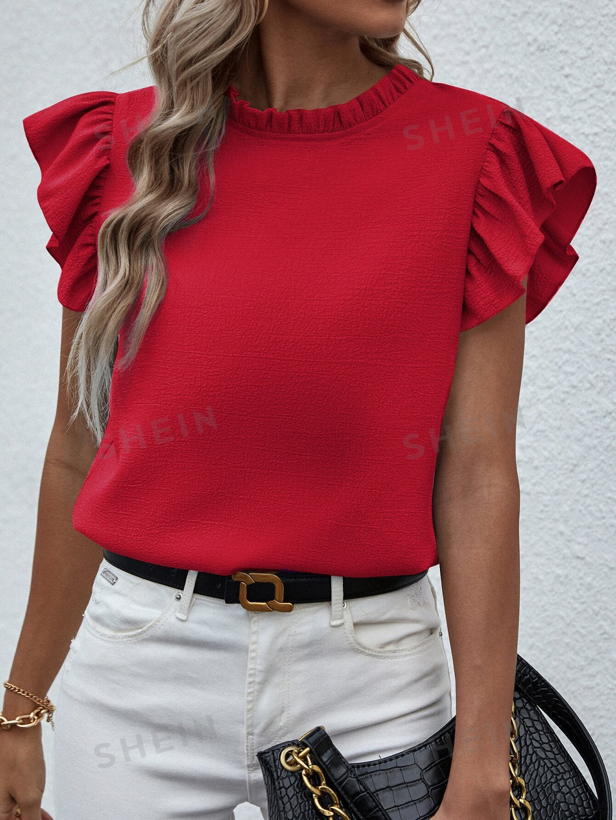 SHEIN Clasi Solid Color Ruffle Sleeve Shirt