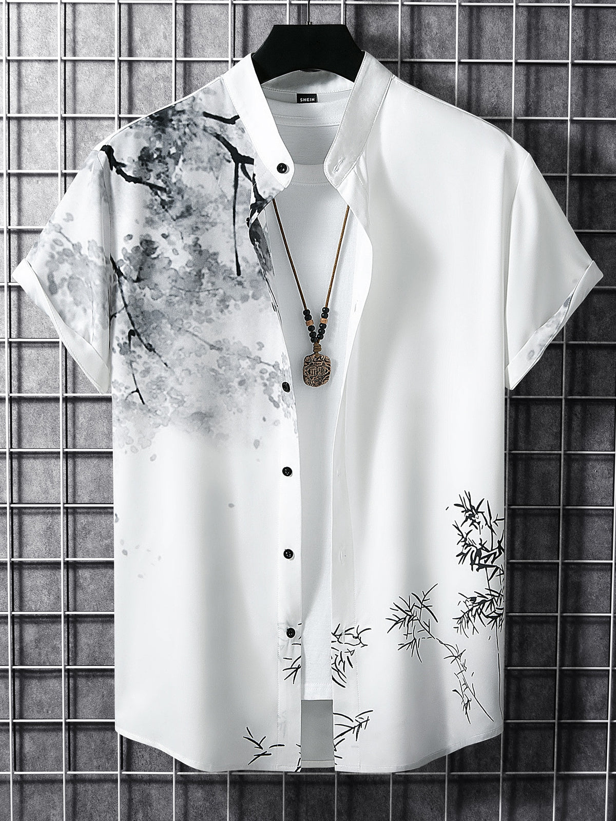 Manfinity Homme Men Bamboo Print Button-Down Short Sleeve Casual Shirt For Summer