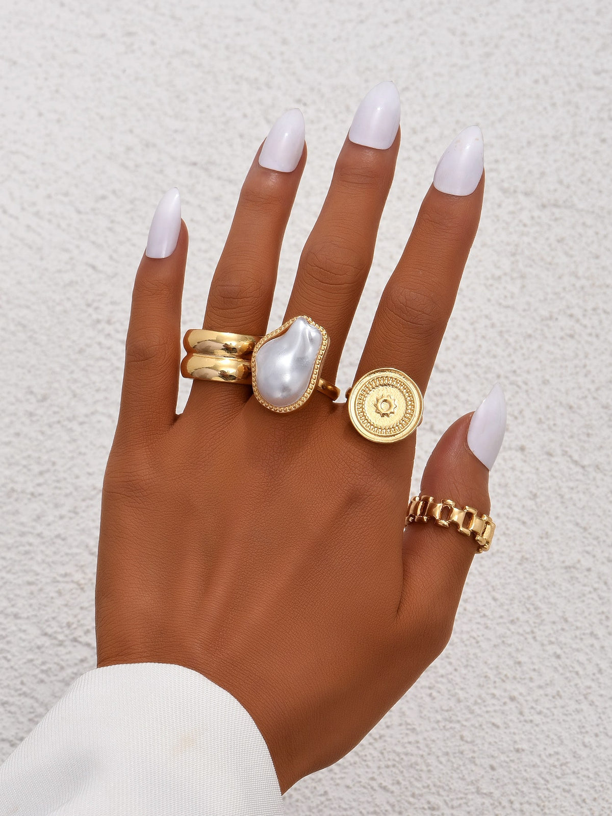 4pcs Round & Faux Pearl Decor Ring