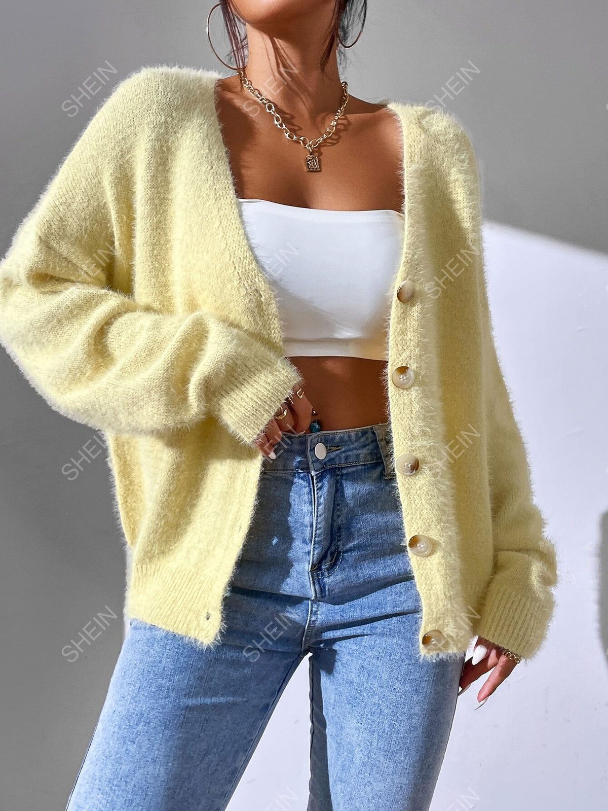 SHEIN EZwear Women Macaroon Color Faux Fur Fluffy Cardigan