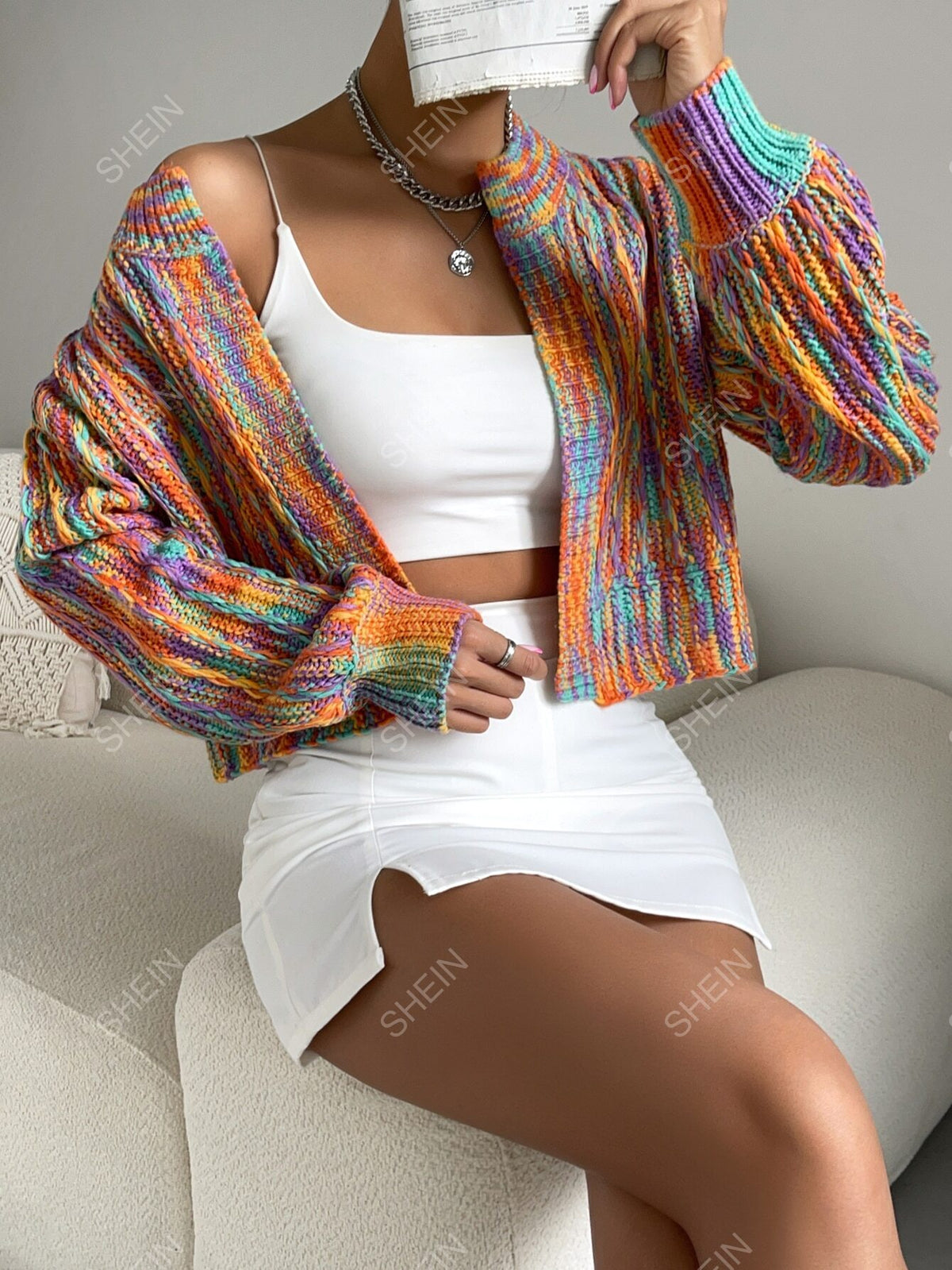 SHEIN Privé Allover Print Drop Shoulder Cardigan