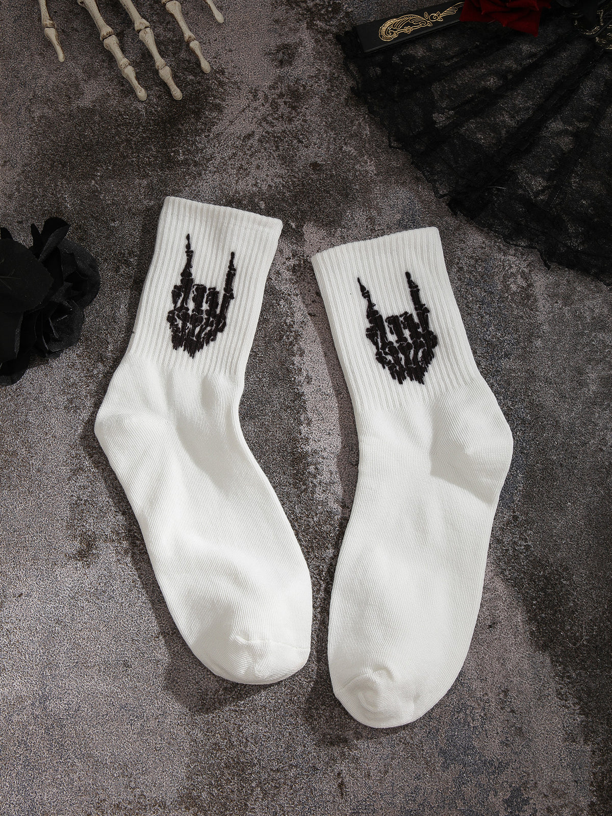 Skeleton Hand Print Crew Socks