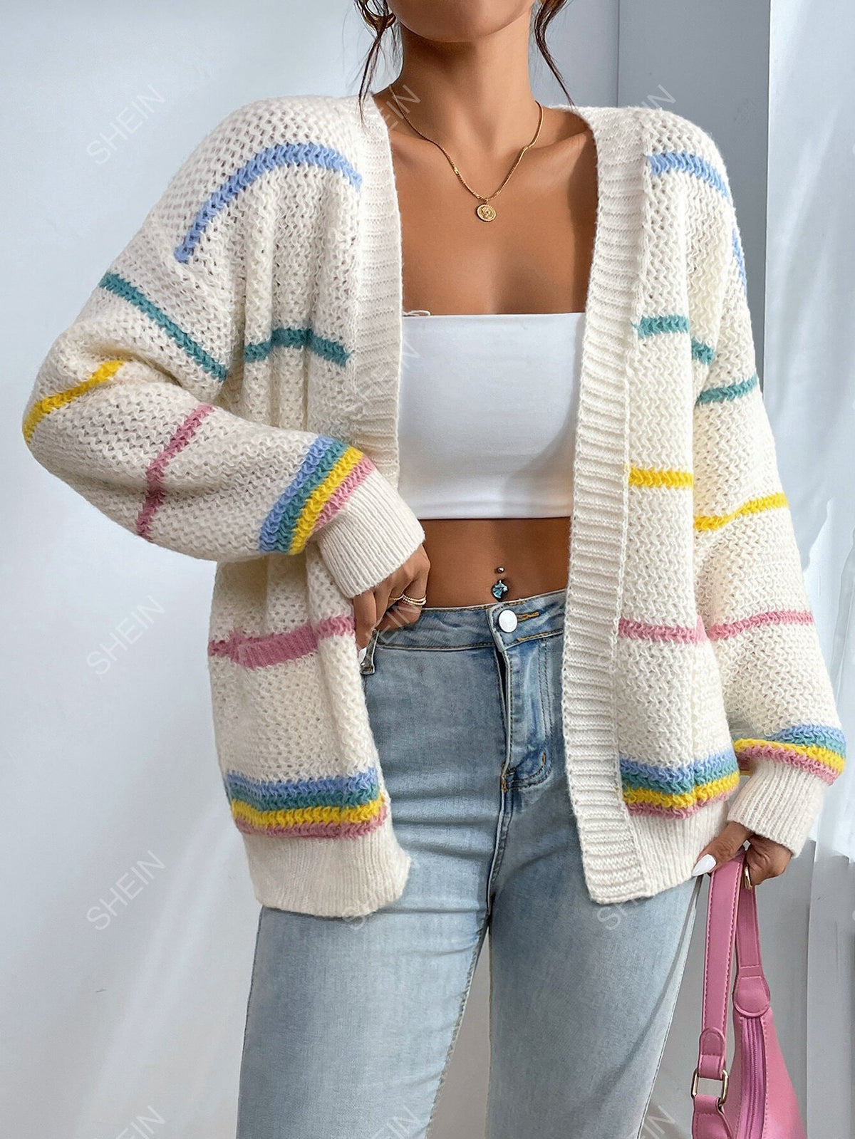 SHEIN EZwear Macaron Stripe Printed Simple Long Sleeve Cardigan