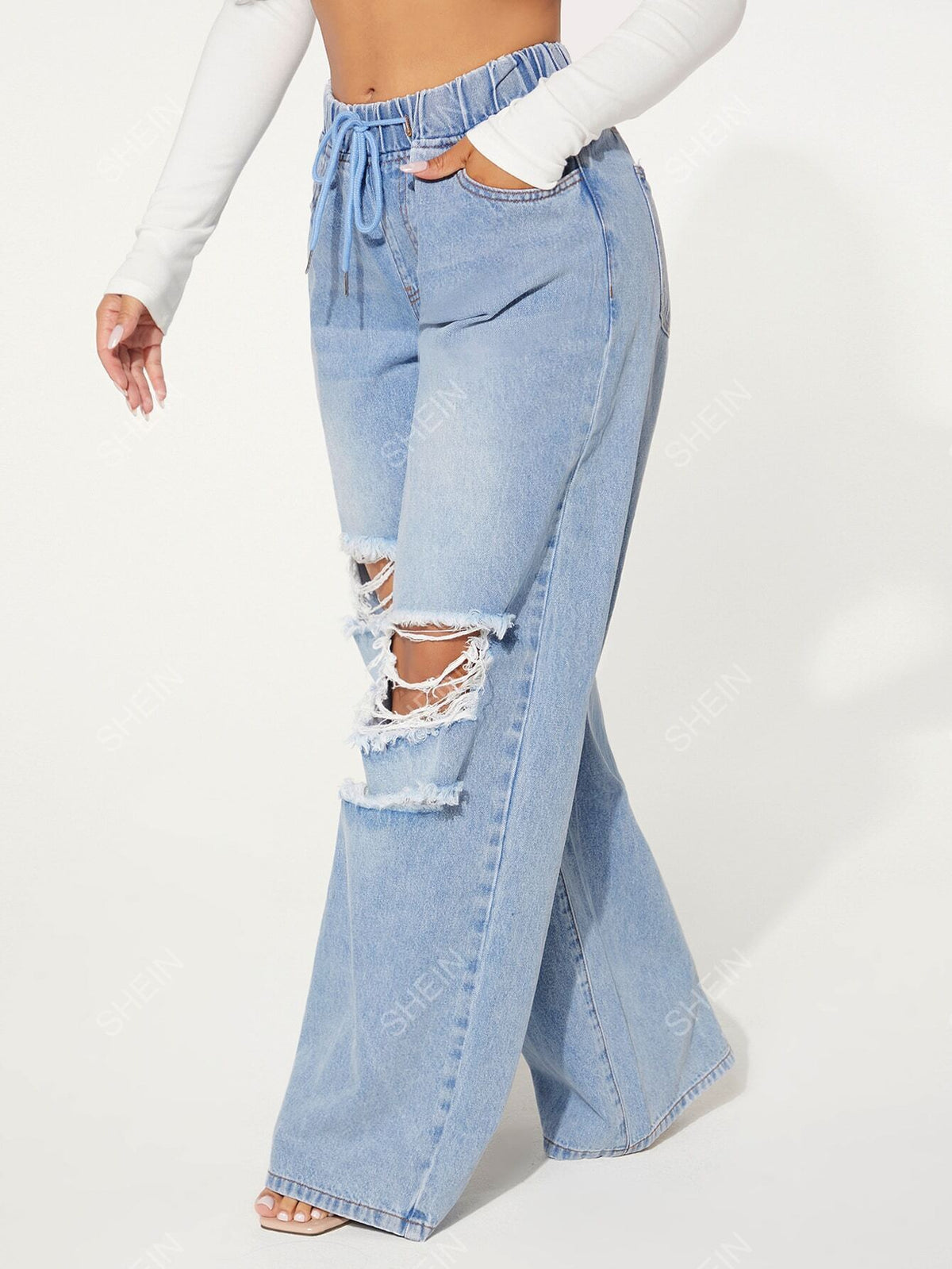 SHEIN SXY Summer Casual Wide Leg Distressed Denim Jeans