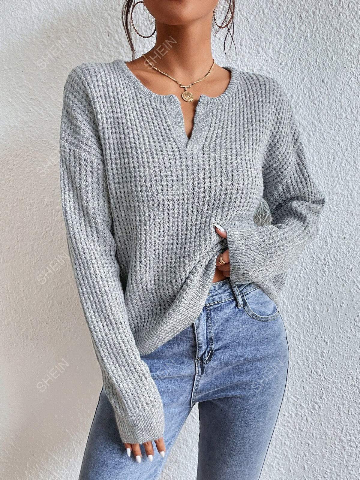 SHEIN Frenchy Notched Neck Drop Shoulder Collar Detail Sweater