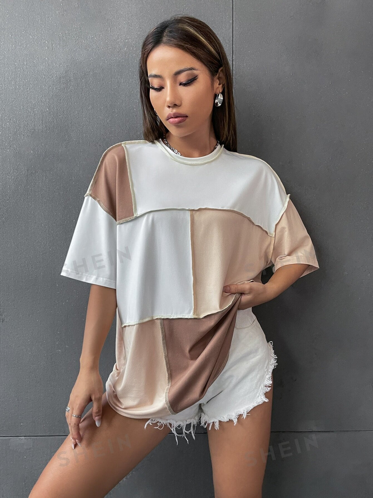 SHEIN EZwear Colorblock Top Stitching Oversized Tee