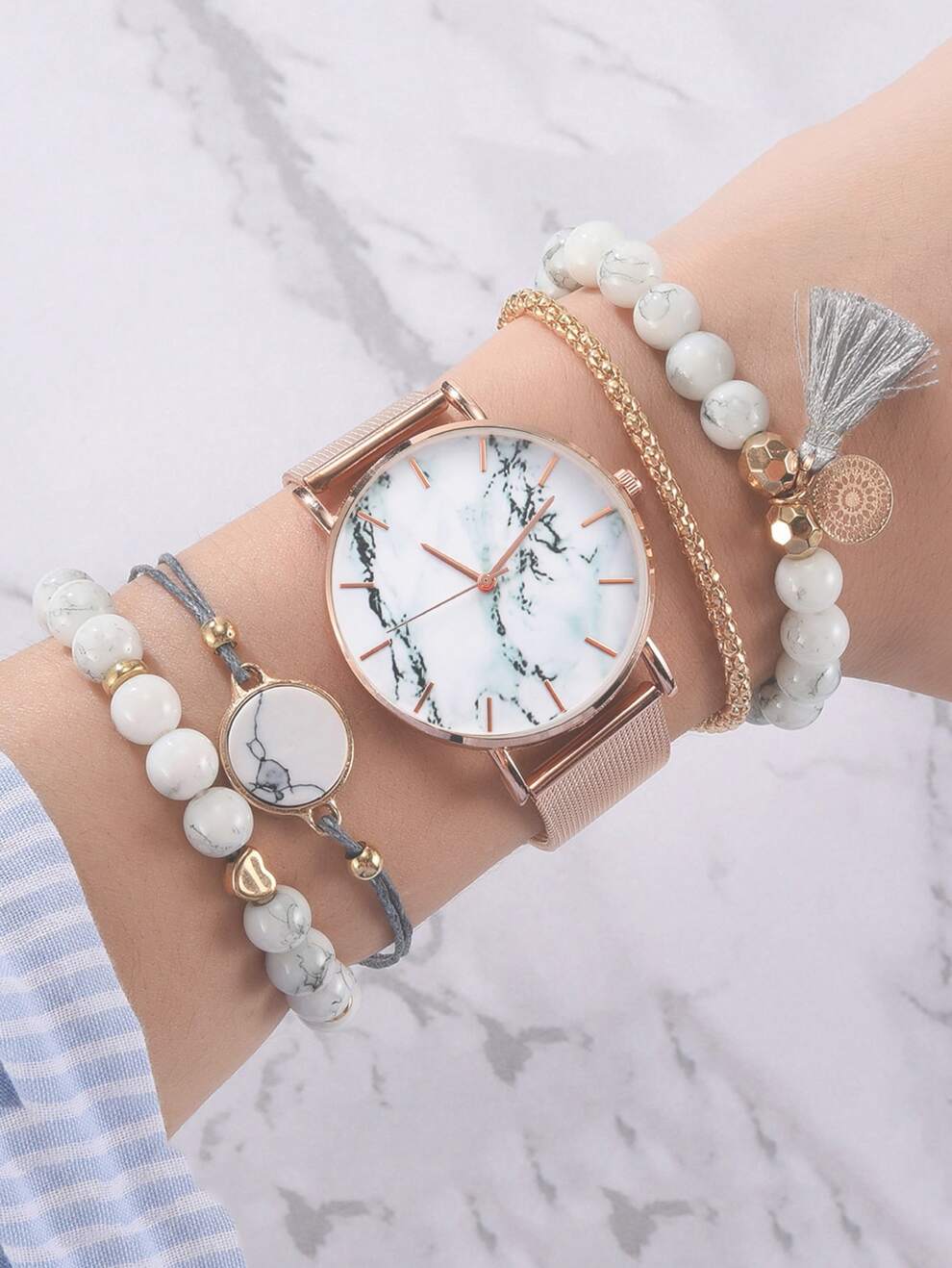 1pc Marble Print Dial Quartz Watch & 4pcs Bracelet