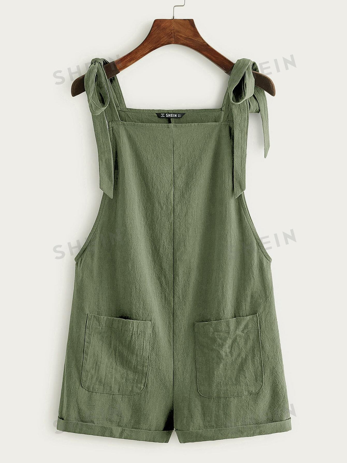 SHEIN EZwear Knot Strap Pocket Patched Pinafore Romper