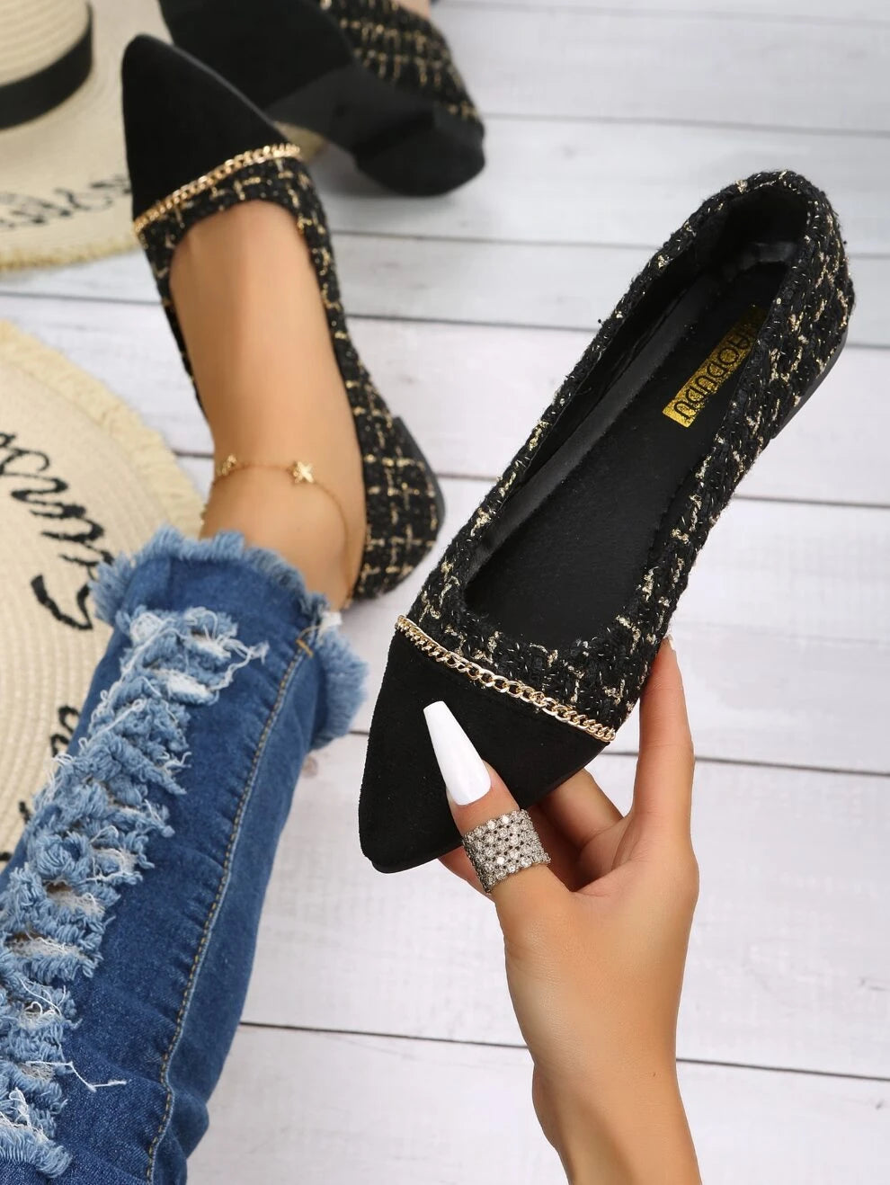 Splicing Design Chain Decor Ballet Flats, Black Elegant Metal Chain Plaid Women's Flat Shoes