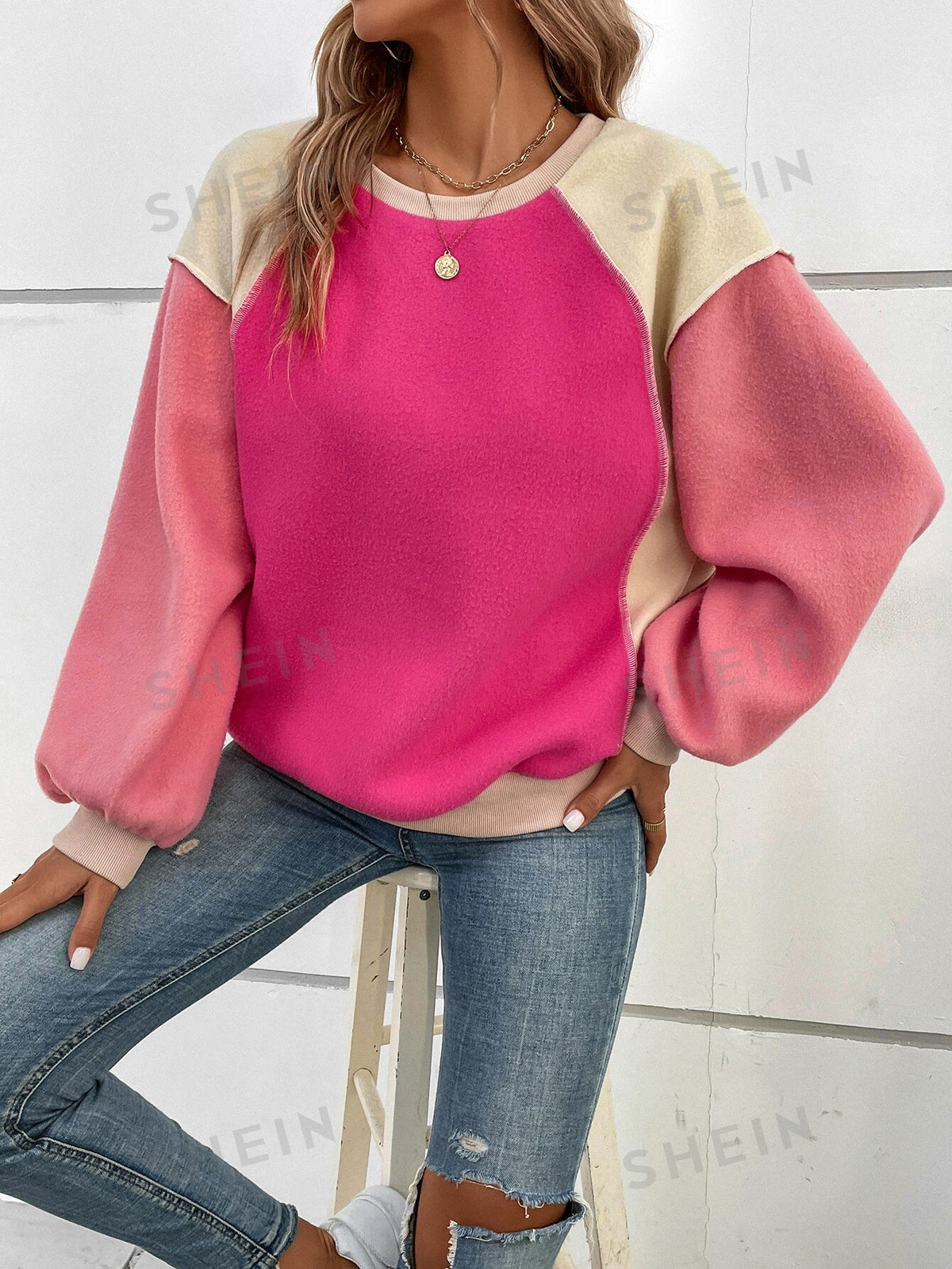 SHEIN LUNE Colorblock Bishop Sleeve Sweatshirt