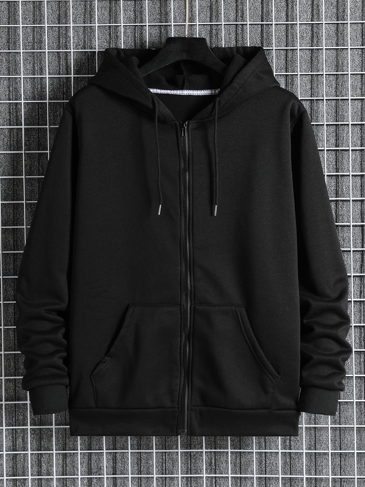 Men Zip Up Drawstring Slant Pocket Thermal Hoodie