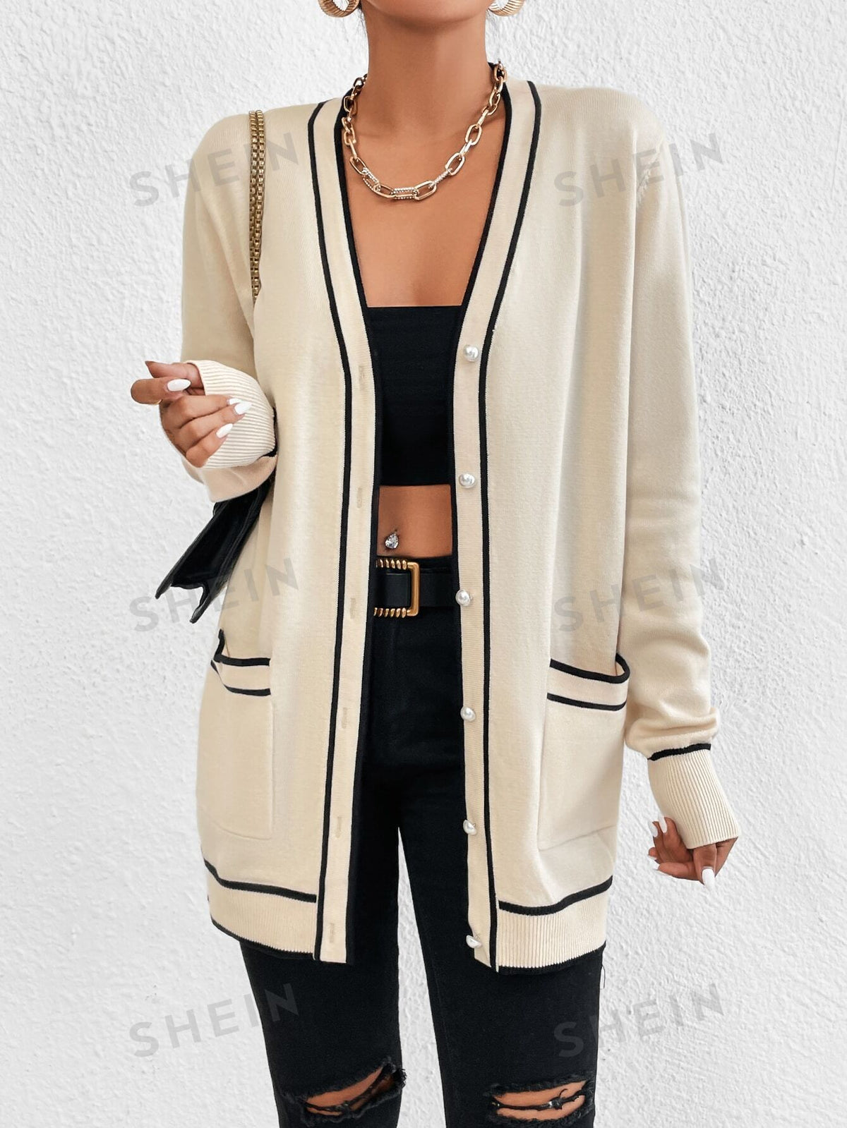 SHEIN Essnce Striped Trim Dual Pocket Cardigan