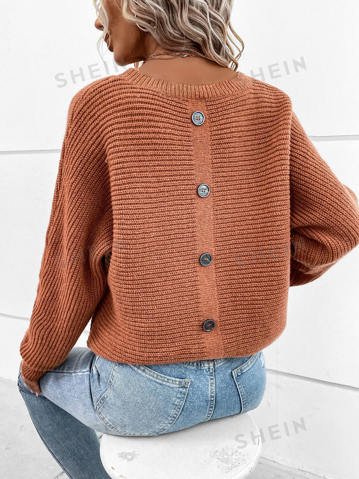 SHEIN Clasi Button Back Batwing Sleeve Sweater